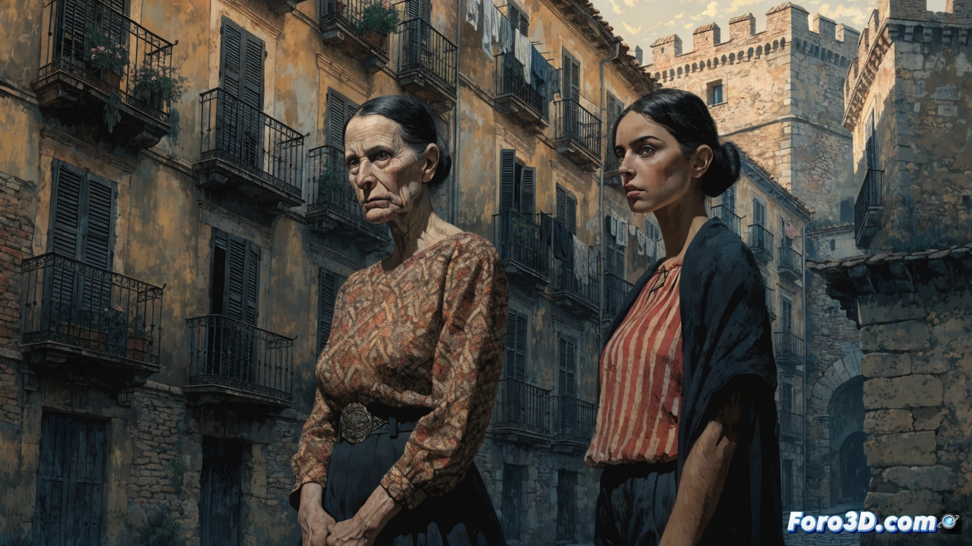 Bellavista neighbourhood women gathered in a sunlit community courtyard, 1950s-2020s photographs pinned on a long wooden display board, elderly woman pointing at a black-and-white photo while a younger woman holds a vintage sewing machine, background shows faint outlines of a former concentration camp fence being overtaken by flowering vines, cinematic photorealistic style, warm golden hour light casting long shadows, women in period-appropriate clothing from different decades, dust motes floating in sunlight, emotional documentary atmosphere, ultra-detailed textures on wrinkled photos and fabric, dramatic contrast between joyful faces and somber historical structure, technical exhibition lighting.