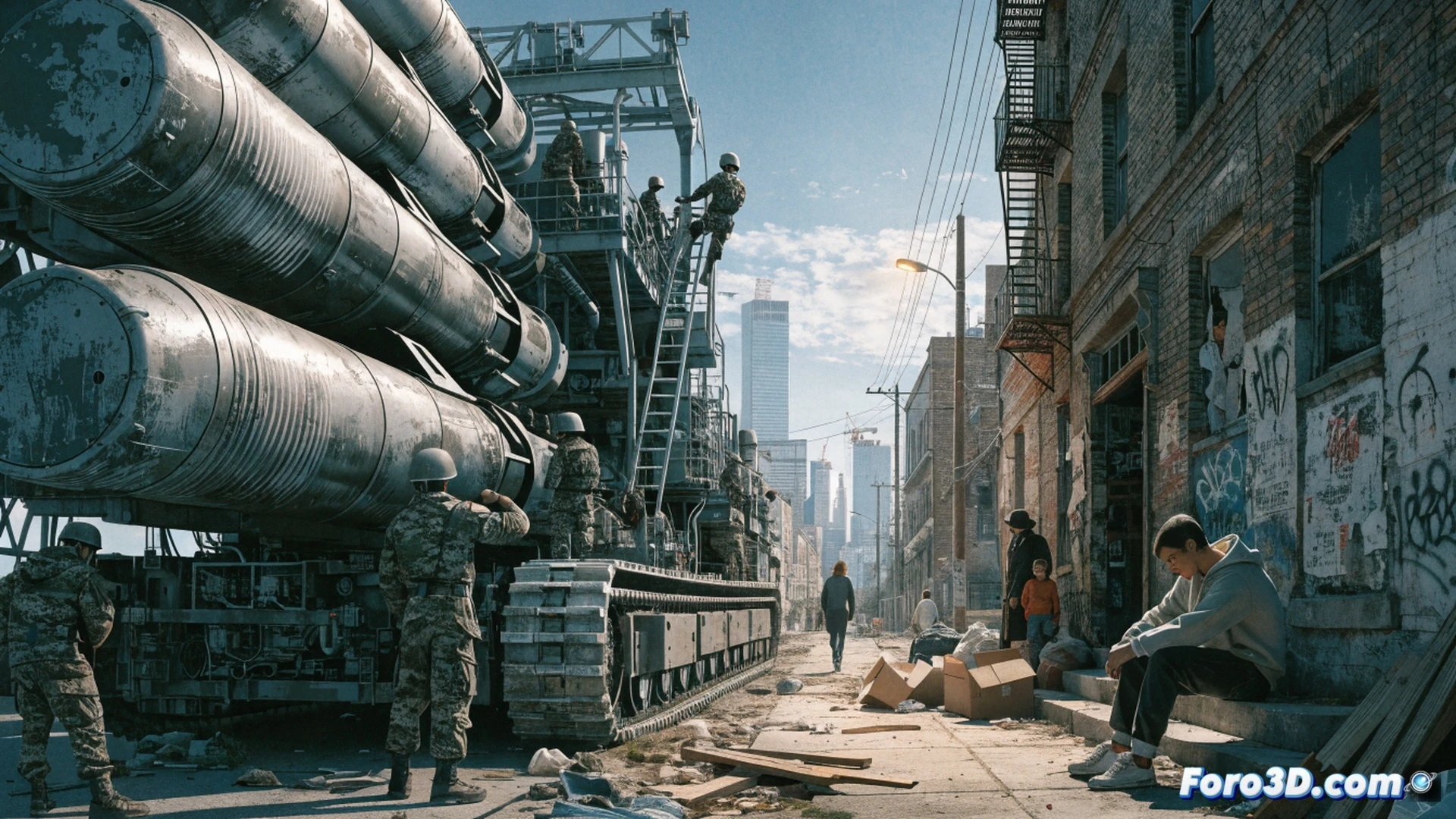 crane hook suspending a massive military drone over a hospital building, hospital roof tiles cracking under pressure, while a school bus below drives away from the shadow, cinematic engineering visualization, photorealistic, dramatic low-angle shot, metallic drone surface reflecting sunlight, warning lights blinking on the drone fuselage, contrast between cold military tech and civilian infrastructure, ultra-detailed mechanical joints and landing gear, atmospheric haze, tension in the scene