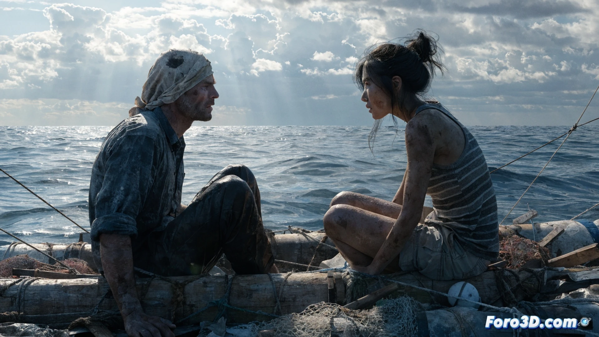 A man and woman gripping opposite sides of a small inflatable raft in stormy Pacific Ocean waves, saltwater splashing over torn fabric and exposed survival gear, communication shown through intense eye contact and hand gestures while a solar still and fishing line are visible, cinematic photorealistic technical illustration, dramatic overcast lighting, dark teal water, foam streaks, weathered skin textures, ultra-detailed raft seams and emergency equipment, motion blur on wave crests, composition emphasizing human connection against chaos