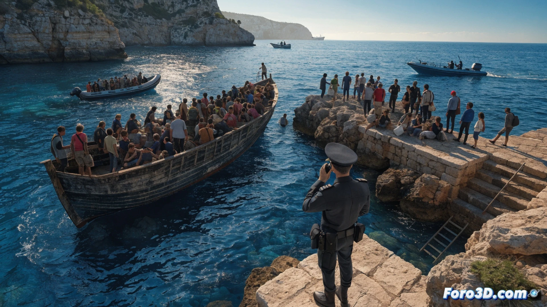 Guardia Civil officers on a rigid inflatable boat intercepting a crowded wooden patera at dusk near rocky Ibiza coastline, rescue workers handing a wrapped baby to a medic while a person with burned arm is lifted onto stretcher, emergency lights flashing on patrol vessel, technical cinematic photorealistic style, overcast Mediterranean sea, lifejackets and rescue gear visible, maritime operation in progress, dramatic rescue scene with multiple vessels converging