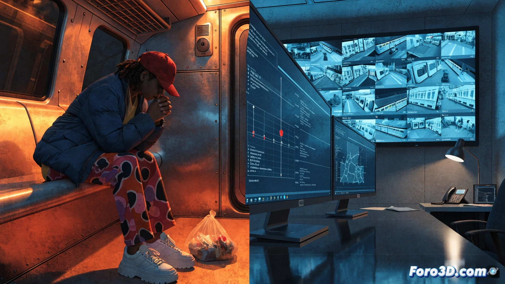 dark underground tube station platform, a woman holding a smartphone displaying a text message interface with a sent message indicator, a glowing 13-hour countdown timer floating above the phone, a police response notification icon dimmed and delayed, train motion blur in background, metallic train doors open revealing empty carriage, CCTV camera pointing down from ceiling, cinematic technical illustration style, cold blue and amber lighting, photorealistic render, high contrast shadows, tension in the scene showing failed digital security process