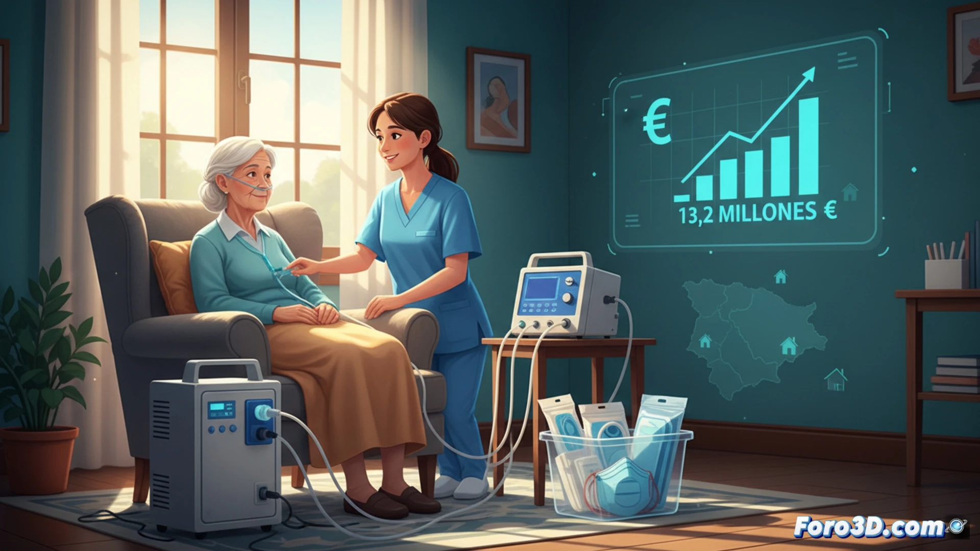 Hospital room interior in Huelva, medical oxygen concentrator machine with flow meter and humidifier bottle in operation, transparent nasal cannula delivering oxygen to an elderly patient resting in bed, respiratory therapist adjusting ventilator settings on a portable BiPAP device, pulse oximeter clipped on patient finger showing vital signs, medical gas pipeline system on wall with pressure gauges, sunlight streaming through window, clean clinical environment, photorealistic technical illustration, soft medical lighting, detailed equipment textures, realistic skin tones, therapeutic care atmosphere