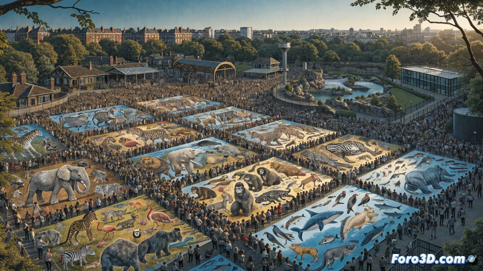Multitud diversa pintando secciones de un gran mural dividido en 21 paneles de madera, mostrando siluetas de animales africanos y asiáticos, brochas y rodillos en manos de visitantes durante el proceso colaborativo, tableros apoyados en caballetes metálicos dentro de un pabellón de vidrio del zoológico, luz natural entrando por el techo, estilo fotorealista cinematográfico, colores vibrantes de pintura acrílica, acción de mezcla de pigmentos en paletas junto a frascos numerados, detalles de pinceladas y textura de lienzo, ambiente festivo y participativo, alta definición técnica
