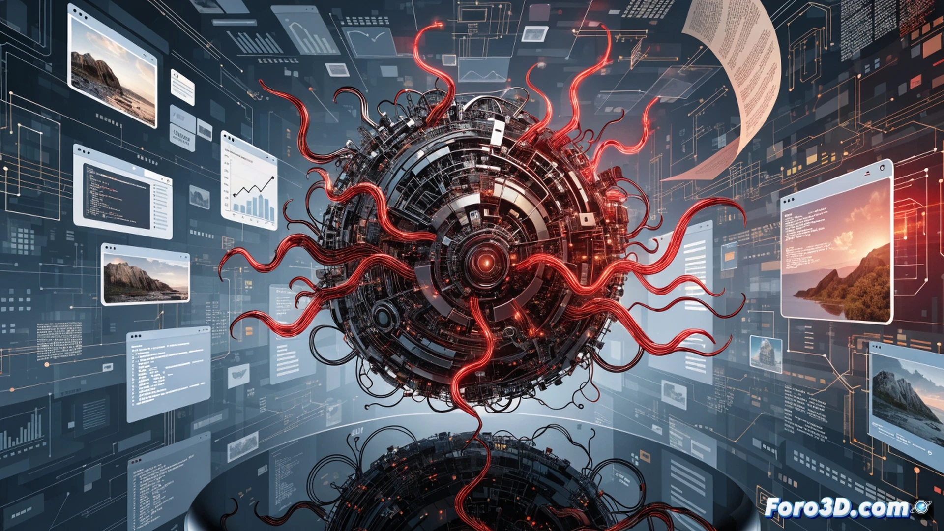 browser window crowded with 152 small extension icons, one icon glowing red and cracking like a broken screen, fake wallpaper thumbnails bleeding into pulsing advertisement streams, CPU usage graph spiking red in corner, network activity lines branching into fake traffic nodes, chrome logo dimmed and surrounded by warning symbols, cinematic technical illustration, dark cyberpunk palette, neon red and blue highlights on code strings, realistic browser UI with glitch effects, dramatic overhead lighting on keyboard with dust particles, photorealistic digital forensics render