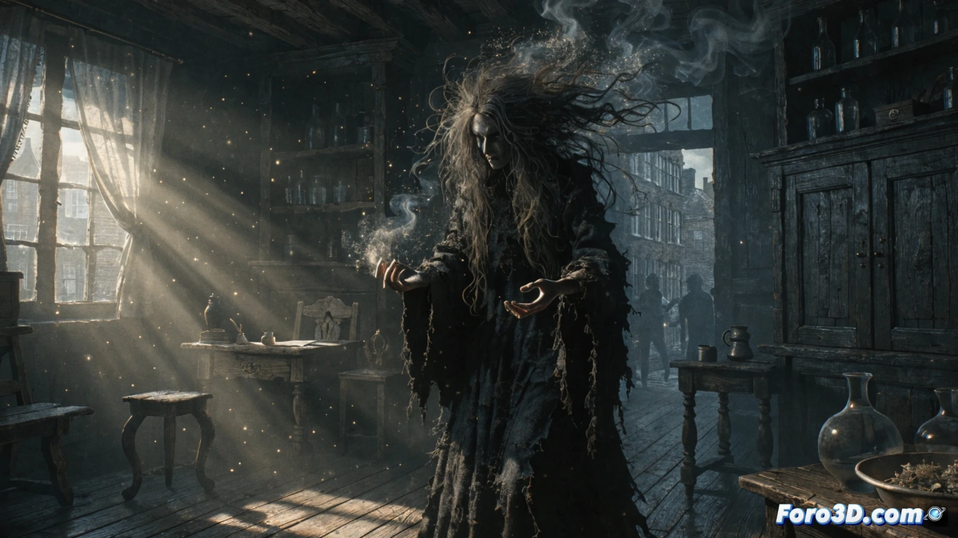 dark cobblestone alley in 1666 Amsterdam, a hooded witch figure casting a glowing green spell from her hand, swirling mist and spectral smoke around her fingers, an open leather-bound grimoire on a wooden barrel showing arcane symbols, flickering lantern light casting long shadows, gothic architecture with steep gables and leaded glass windows, cinematic atmospheric rendering, photorealistic textures on stone and fabric, dramatic chiaroscuro lighting, particles of magical energy floating in the air, a raven perched on a wrought-iron sign, deep shadows contrasting with the spell-s green glow, ultra-detailed historical setting