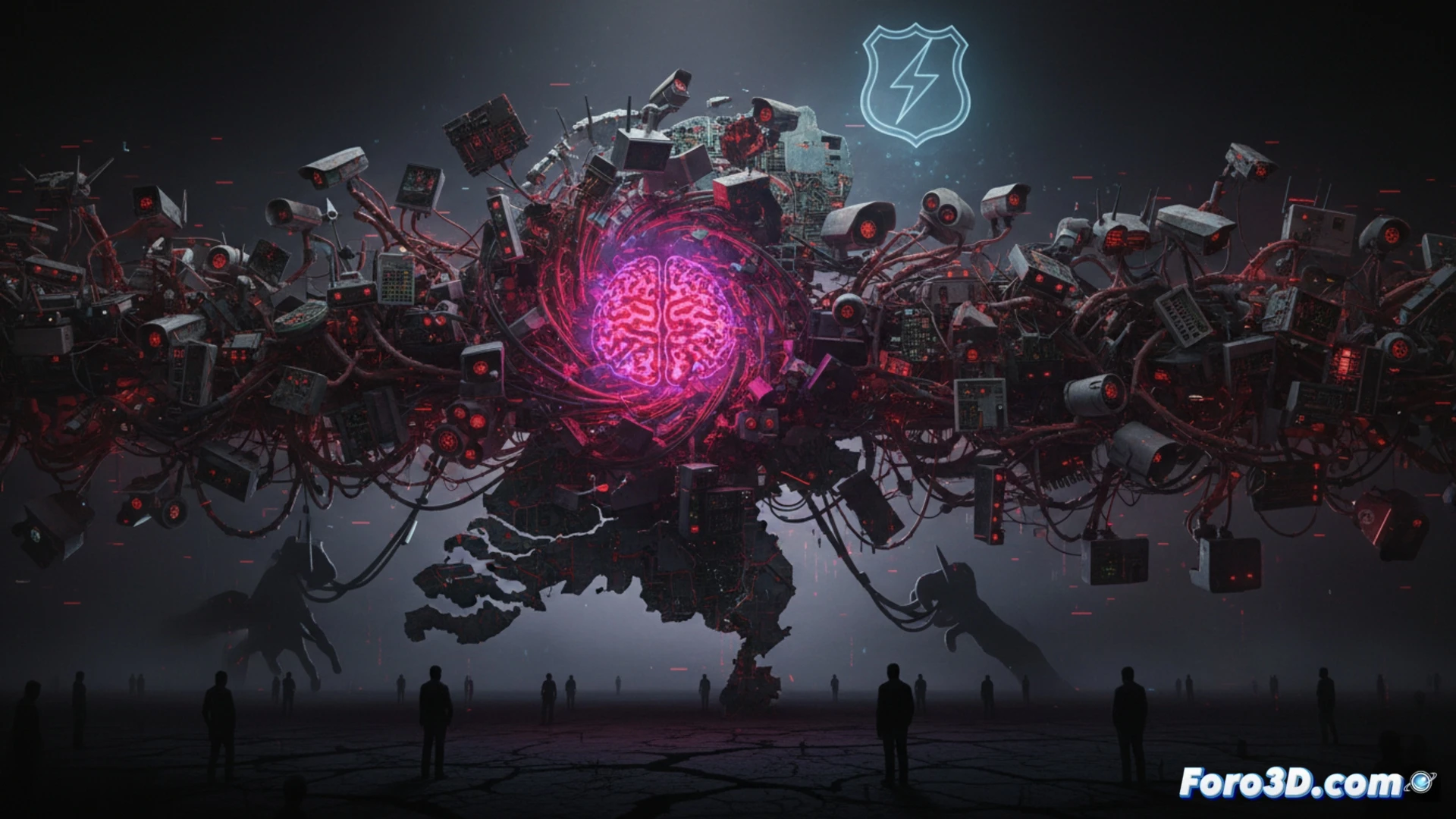 Cinematic photorealistic technical illustration showing a living room with a router, security camera, and smart TV emitting faint red glows from their internal circuits, while a transparent holographic interface overlays the scene revealing hidden malware code and botnet command signals flowing between devices, a ghostly digital zombie silhouette formed from network packets hovers behind the unaware homeowner watching television, dark ambient lighting with blue and red neon accents, ultra-detailed hardware components visible through ghosted wireframe views, motherboard traces glowing with malicious traffic, security camera lens reflecting skull-like data patterns, dramatic chiaroscuro lighting, hyperrealistic materials, subsurface scattering on plastic casings, subtle chromatic aberration, technical engineering visualization style