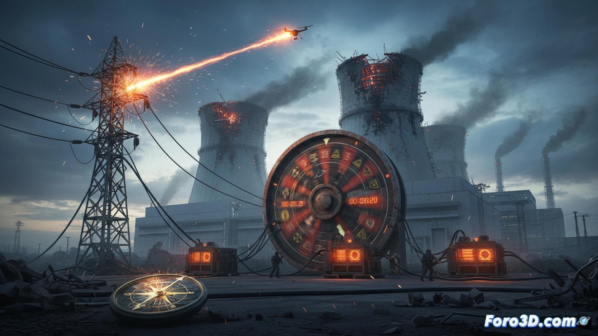 Nuclear plant cooling towers and reactor domes at dusk, a drone impact hitting a high-voltage substation, sparks arcing from damaged transformers, diesel generators activating with visible exhaust fumes, control room monitors displaying dropping power levels and emergency protocols, red warning lights flashing, technical engineering visualization, cinematic photorealistic style, dramatic orange and gray sky, industrial concrete structures, ultra-detailed electrical components, motion blur on drone debris, glowing hazard symbols on emergency panels, tense operational atmosphere