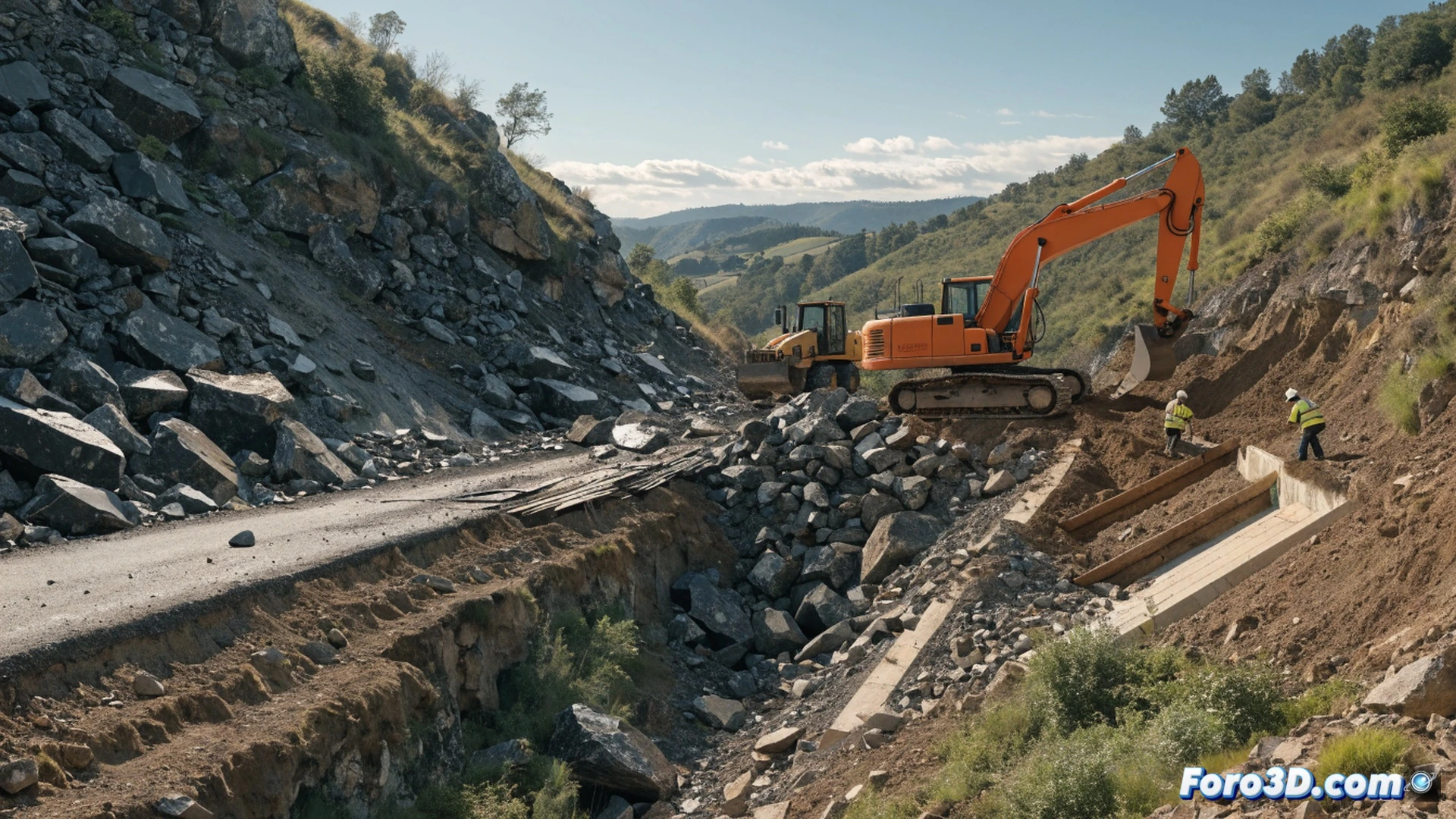 road repair works after storm damage in Castilla-La Mancha, excavator stabilizing a steep muddy slope beside a cracked asphalt road, workers installing new drainage pipes while water flows through a temporary channel, broken guardrail and scattered rocks on the roadside, bright safety vests and orange cones marking the work zone, overcast sky with dark clouds in the background, wet pavement reflecting residual rainwater, cinematic engineering visualization, photorealistic heavy machinery detail, dramatic natural lighting highlighting erosion damage, ultra-realistic textures of gravel and wet earth
