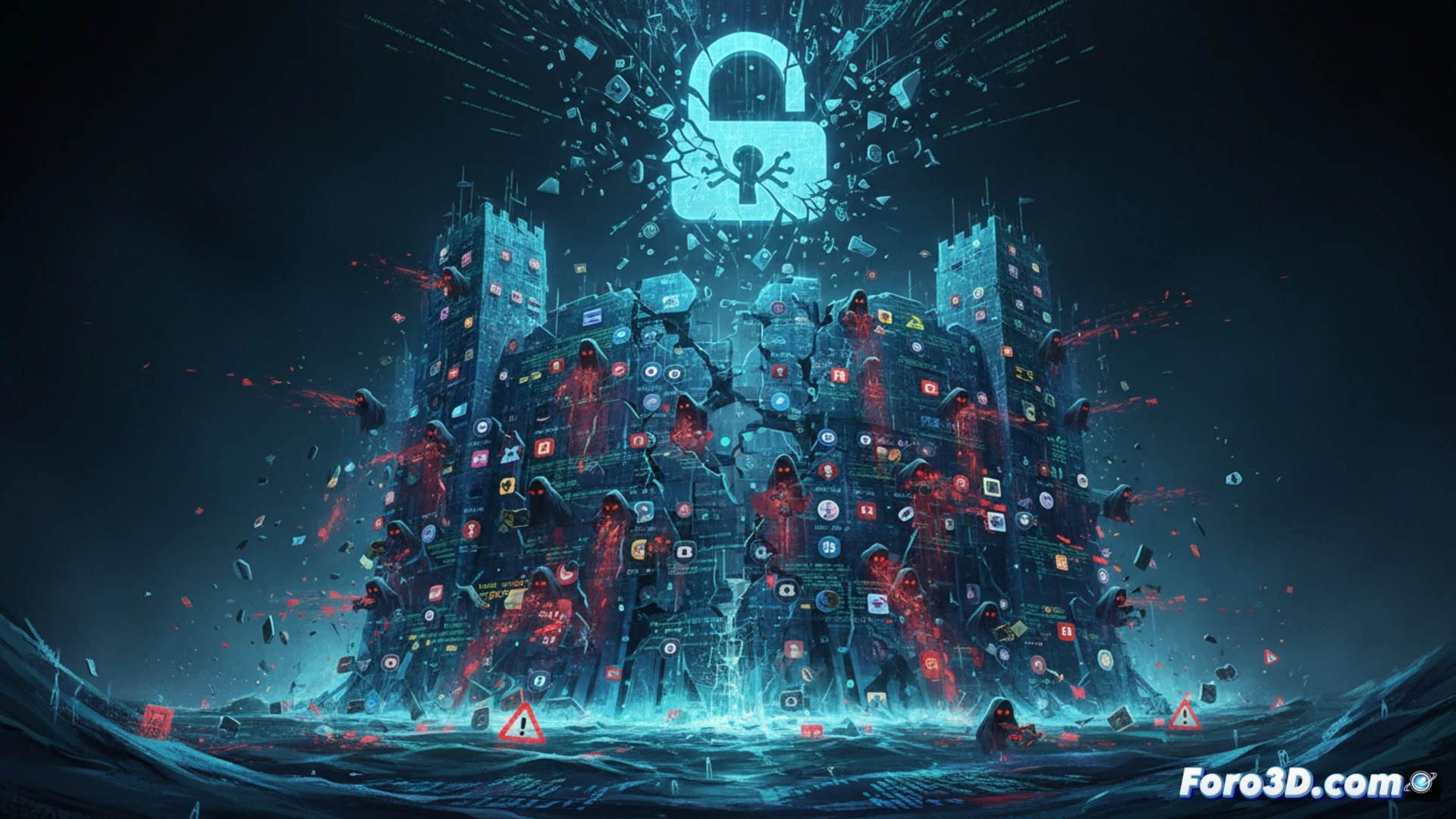 digital fortress wall crumbling under cyber attack, glowing red cracks spreading across a shield icon made of fragmented code, 2000 small app icons falling like rain through the breach, exposed personal data streams and credit card numbers visible as glowing particles, a padlock symbol being shattered by a wrench labeled opensource, dark server room background with blinking red error lights, cinematic cybersecurity visualization, photorealistic technical illustration, dramatic low-angle lighting, intense orange and blue neon highlights, ultra-detailed metal and glass textures, motion blur on falling components, glowing vulnerability markers on each app icon