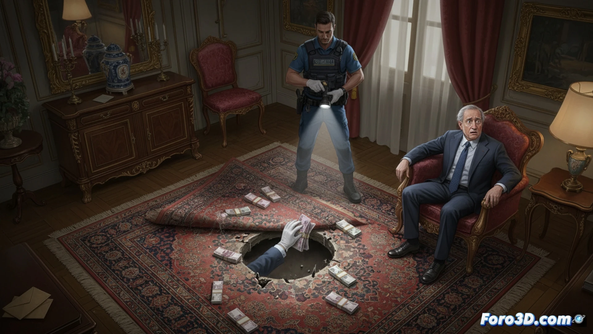 Un billete de 500 euros sobre una alfombra roja desgastada, junto a un sobre abierto y un reloj de pared marcando la medianoche.