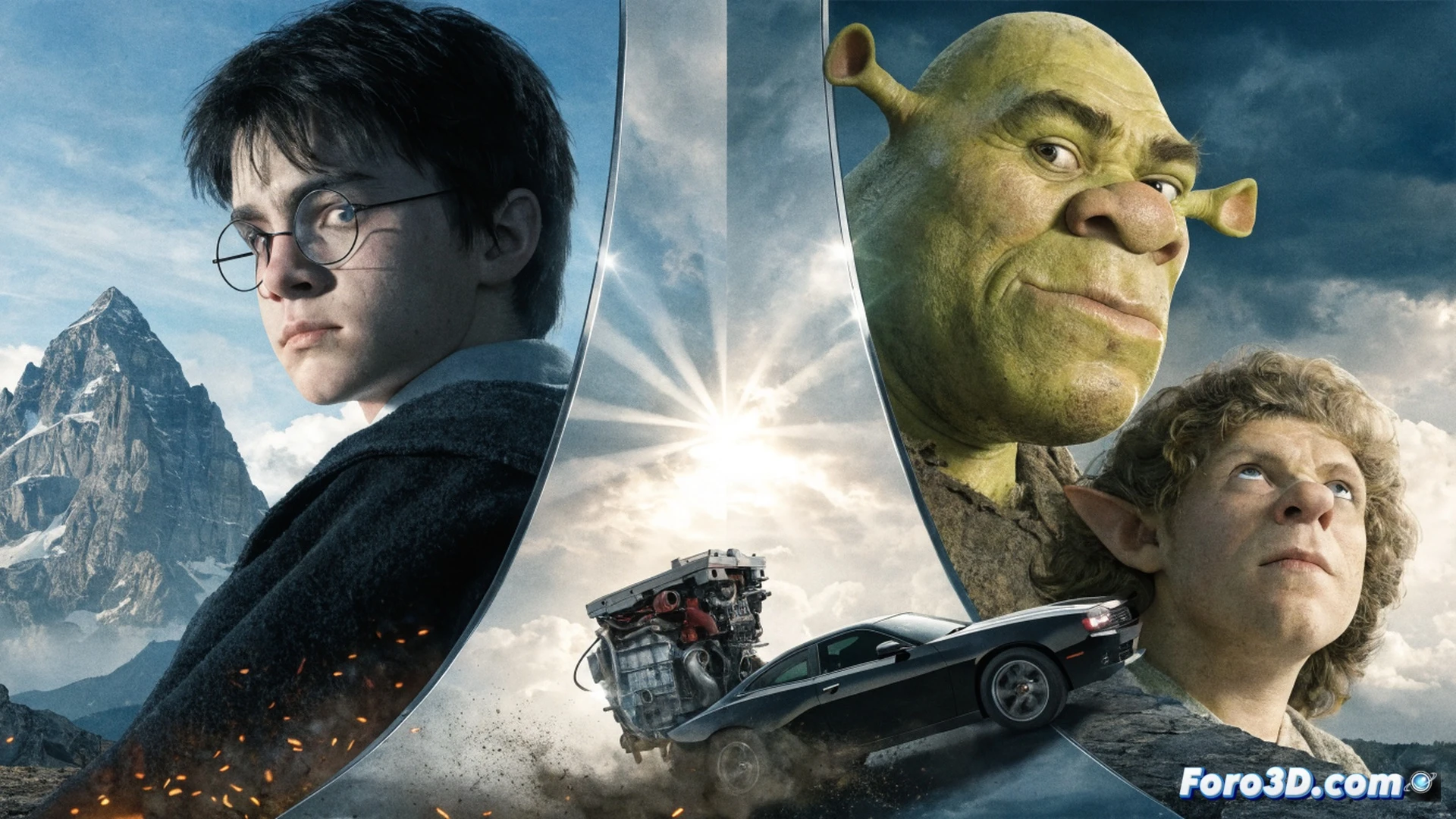 cinematic scene of four distinct iconic objects colliding in mid-air: a glowing wizard wand, a golden ring, a green ogre ear, and a burning tire, all surrounded by shattered film reel fragments and digital code particles, demonstrating the fusion of fantasy and action genres, dramatic explosion of light and debris, motion blur on objects, cinematic technical illustration, ultra-detailed textures on each prop, dark stormy sky background with lightning illuminating the collision, photorealistic render, high-contrast dramatic lighting