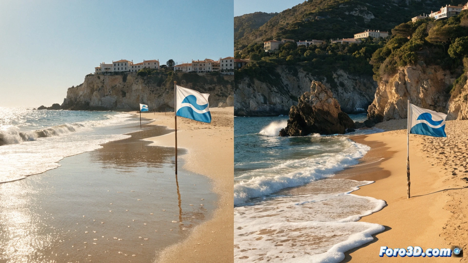 sunlight reflecting off crystal-clear Mediterranean water at a pristine Valencian beach, lifeguard tower with binoculars and rescue equipment, beach cleaning robot actively sifting sand for debris, automated water quality sensor buoy floating near shore displaying real-time data, swimmers enjoying calm turquoise sea while a family sets up umbrellas on perfectly raked sand, photorealistic cinematic aerial view, golden hour lighting, soft ocean breeze rippling flags, ultra-detailed coastal landscape, technical illustration style highlighting cleanliness and safety systems