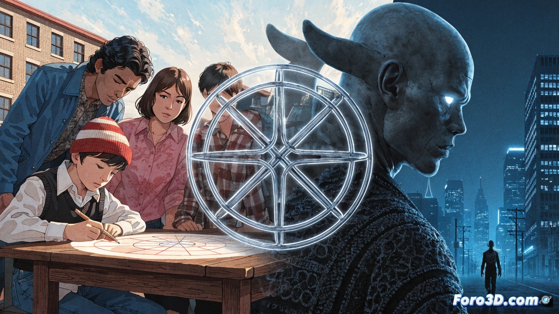 children in 1970s Japan drawing a secret symbol with crayons on paper, the symbol glowing faintly as it transforms into a futuristic holographic control panel, a group of adult men watching in shock from a dark room filled with old computer terminals and surveillance screens, one man pointing at the symbol while another holds a vintage joystick, cinematic engineering visualization, dramatic contrast between nostalgic paper and high-tech hologram, photorealistic technical render, industrial lighting with neon blue and warm amber, detailed 1970s toys and modern hardware components visible in the scene, action of revelation and discovery