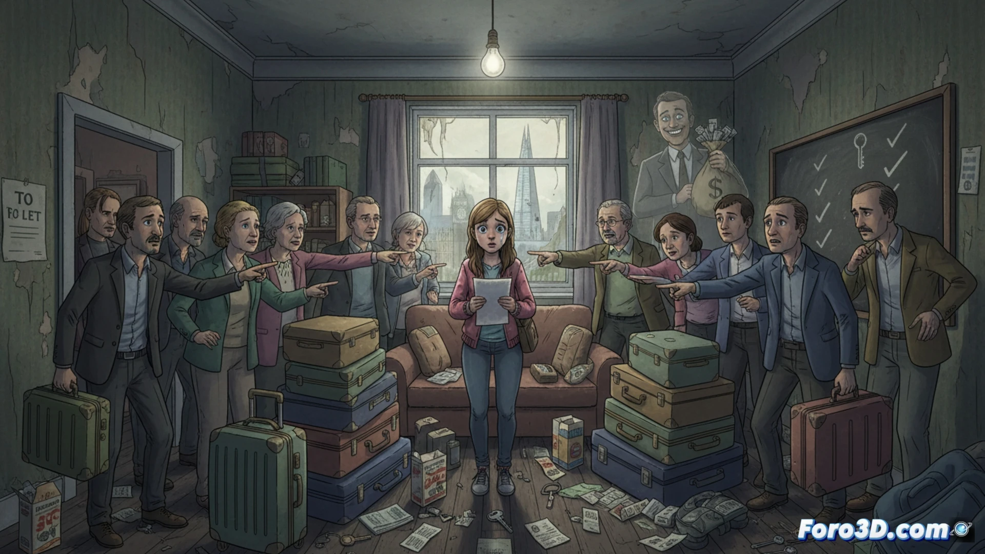 London apartment interior chaos scene, 24 identical rental contracts scattered across a floor, single front door with 24 different key copies hanging from lock, empty room with only a single suitcase in center, frustrated student standing with phone showing missing agent contact, cracked walls with peeling paint, dim flickering fluorescent ceiling light, cinematic photorealistic style, dramatic shadows from window showing London skyline, dust particles in air, worn wooden floorboards, tense atmosphere, ultra-detailed textures, realistic lighting with cool blue tones, wide-angle lens perspective emphasizing emptiness and deception