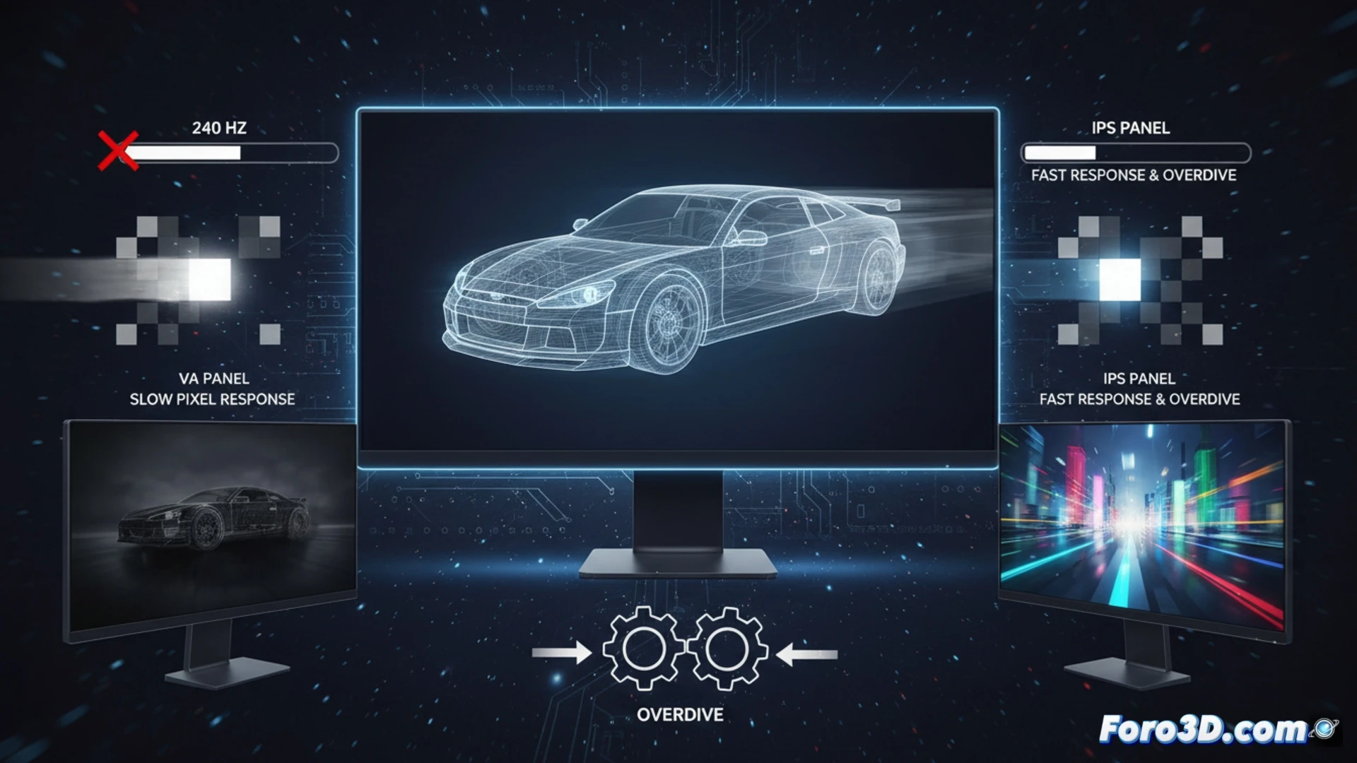 Monitor 240 Hz con ghosting visible en escena 3D oscura, comparación panel VA vs IPS