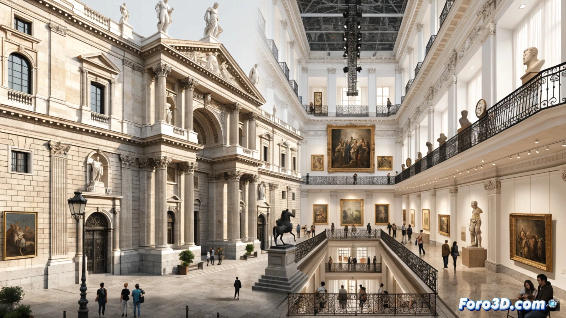 Museo del Prado gallery hall during conservation inspection, museum staff using digital tablets to catalog new artworks while a curator points at a large Renaissance painting being installed, protective glass cases and UV monitoring sensors visible on walls, visitors walking in background through brightly lit corridors, photorealistic architectural visualization, warm golden lighting on marble floors, precise geometric composition, polished stone textures, subtle dust particles in sunbeams, ultra-detailed museum interior, cinematic wide-angle shot