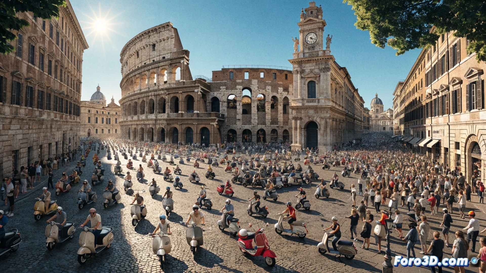 Vespa parade through ancient Roman streets, 25.000 scooters forming a continuous colorful river along cobblestones, 160 historic models displayed in a formation around the Colosseum, riders in vintage helmets and goggles waving flags from 67 nations, traffic barriers creating a temporary closed circuit, shopkeepers watching from cafes with mixed expressions, cinematic photorealistic engineering visualization, chrome headlights reflecting afternoon sunlight, metallic body panels gleaming, scooter engines idling in synchronized harmony, dramatic wide-angle lens perspective capturing both classic architecture and modern two-wheeled mobility, ultra-detailed mechanical components visible on restored vintage models, realistic crowd movement and dust particles in air, dynamic composition with motion blur on passing Vespas, technical precision in every scooter detail, nostalgic yet contemporary atmosphere.