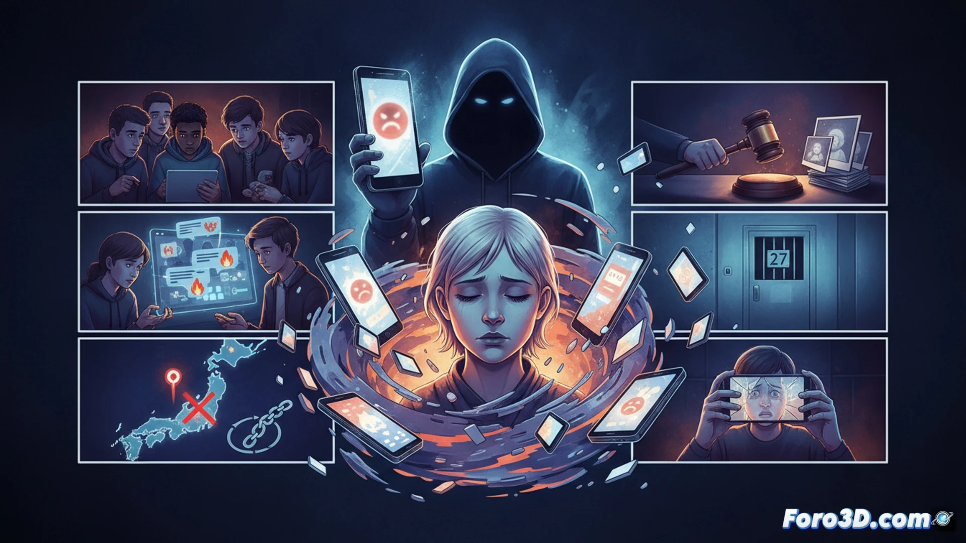 Photorealistic cinematic scene of two teenagers silhouetted against glowing smartphone screens in a dark room, one phone displaying a blurred photo with angry reactions, fingers aggressively typing on a keyboard, cracked screen, digital conflict escalating into a violent physical confrontation, shattered glass on floor, smartphone falling in slow motion, harsh blue light casting shadows, dramatic tension, intense emotional atmosphere, ultra-detailed facial expressions, hyperrealistic digital illustration, moody noir lighting, forensic crime scene aesthetic