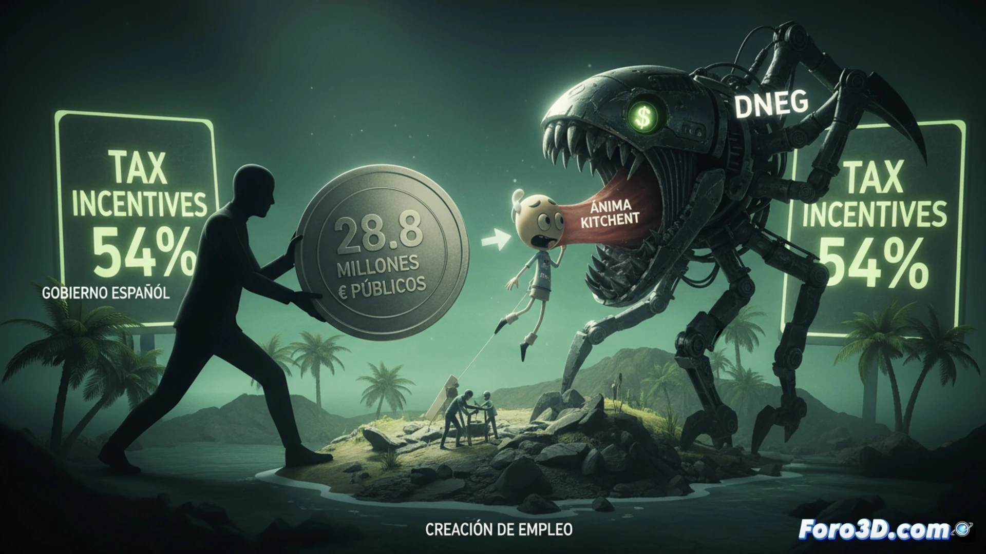 Cinematic photorealistic scene showing a massive digital money bag labeled with EU stars being poured into a glowing tax form shaped like the Canary Islands, while a DNEG workstation with dual monitors displays VFX software and a tax calculator interface, euro coins and bills morphing into digital code streams, empty office chairs surrounding a conference table with a contract showing 54% in bold, dramatic high-contrast lighting with blue and gold tones, ultra-detailed keyboard keys and monitor pixels, technical illustration style, action of money flowing through a funnel into a corporate server rack