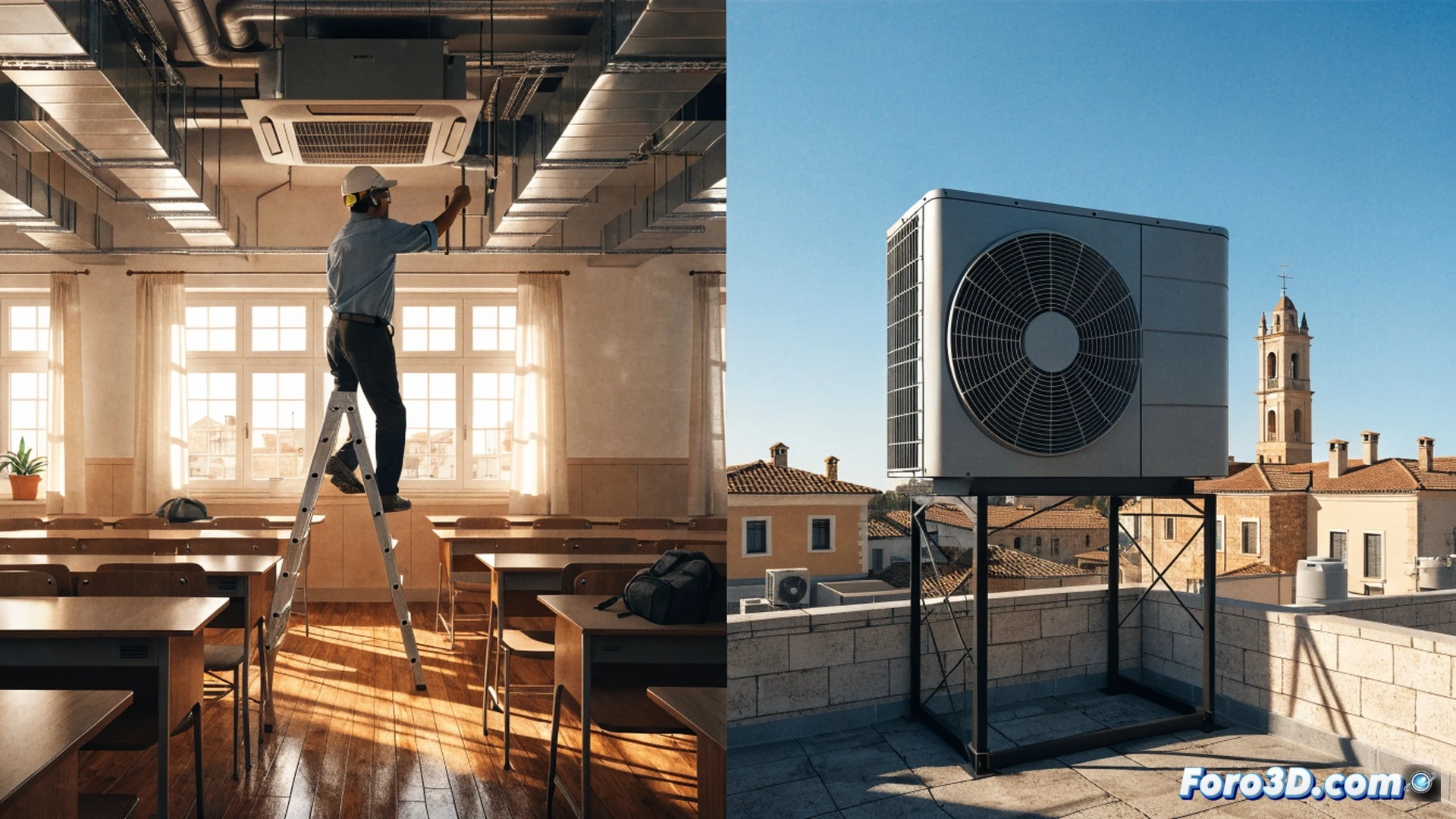 technical illustration of HVAC installation process in a primary school classroom, workers mounting a split-type air conditioning unit on a white wall while an engineer checks blueprints nearby, sunlight streaming through windows illuminating dust particles, cooling vents and copper tubing visible, childrens desks with books in foreground, photorealistic architectural visualization, warm interior lighting contrasting with cool blue airflow visualization, ultra-detailed mechanical components, professional construction scene, cinematic depth of field