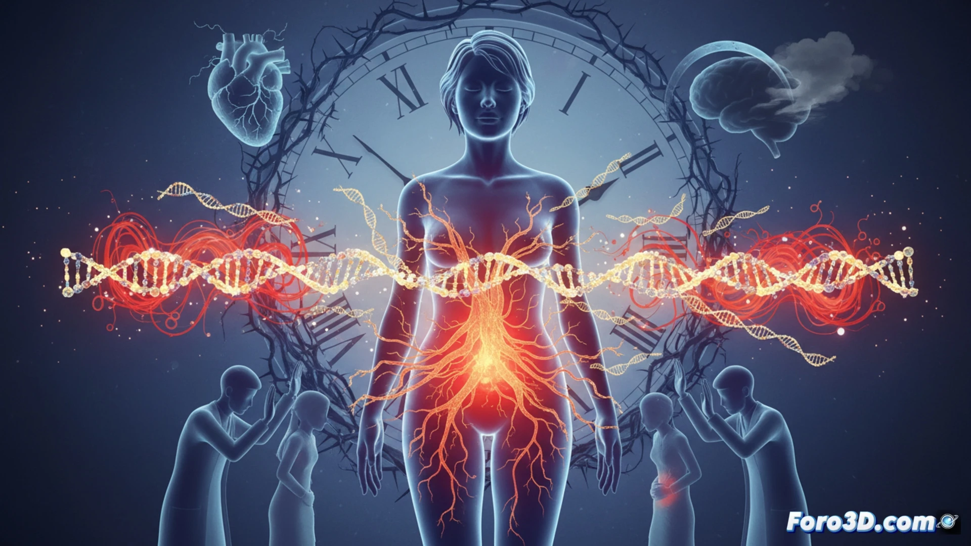 Pelvis humana translúcida en sección transversal, endometriosis activa mostrando lesiones inflamatorias rojizas en ovarios y peritoneo, células inmunes infiltrando tejido durante proceso inflamatorio sistémico, fondo con diagrama de genoma mostrando 300 marcadores genéticos iluminados en rojo, monitor de laboratorio con gráficos de asociación cardíaca y depresión, cronómetro digital mostrando 7-10 años de retraso diagnóstico, estilo cinematic photorealistic medical illustration, iluminación dramática azul y roja, texturas orgánicas detalladas, enfoque técnico quirúrgico