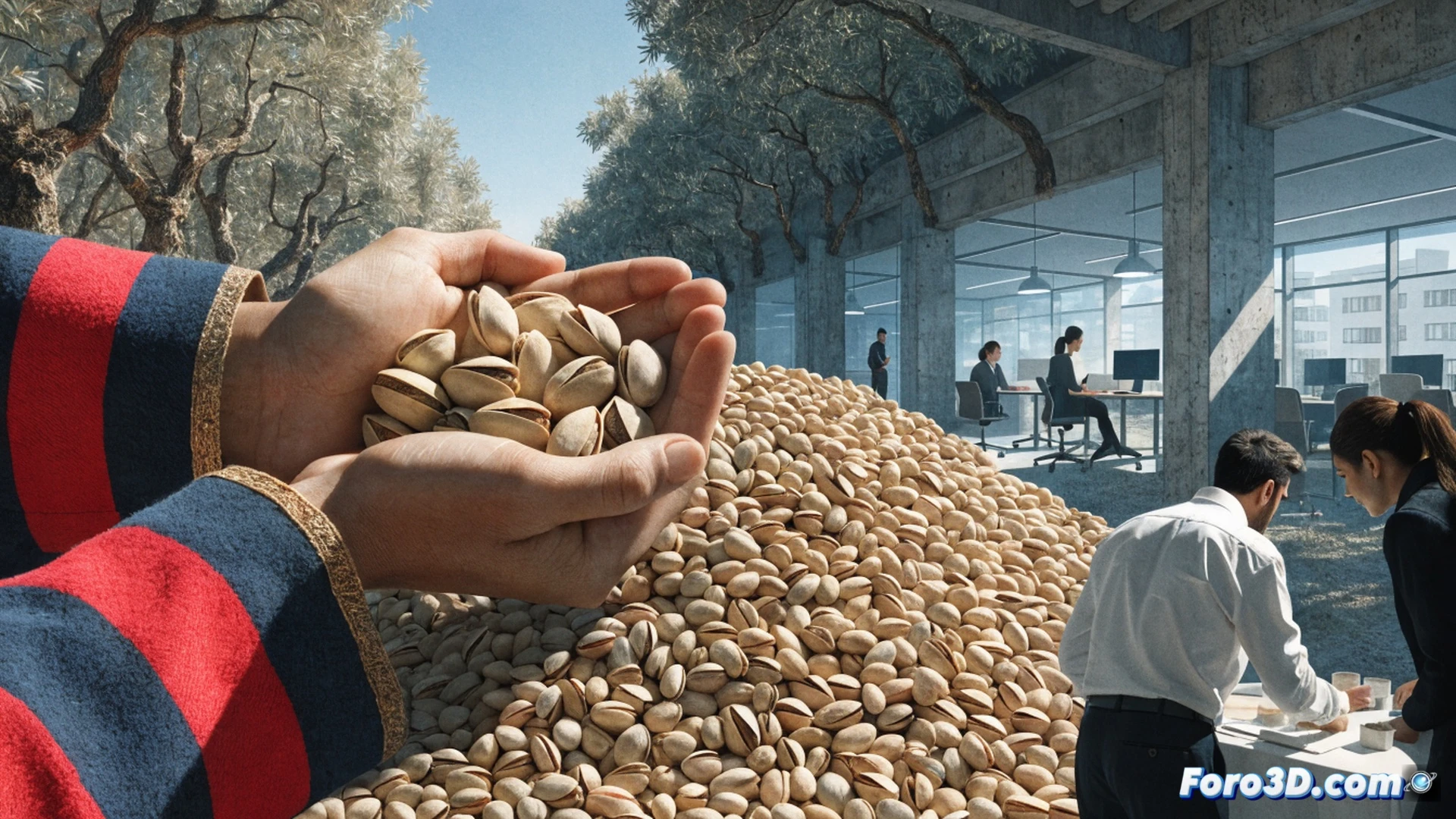 three hundred workers in blue vests assembling a large puzzle of a pistachio tree and a community center, hands connecting puzzle pieces while a digital screen shows a rising green graph, solar panels and gardening tools visible in the background, bright natural daylight streaming through windows, photorealistic technical illustration, sharp focus on collaborative action, warm optimistic lighting, detailed textures of fabric and plastic, realistic human poses, clean professional environment