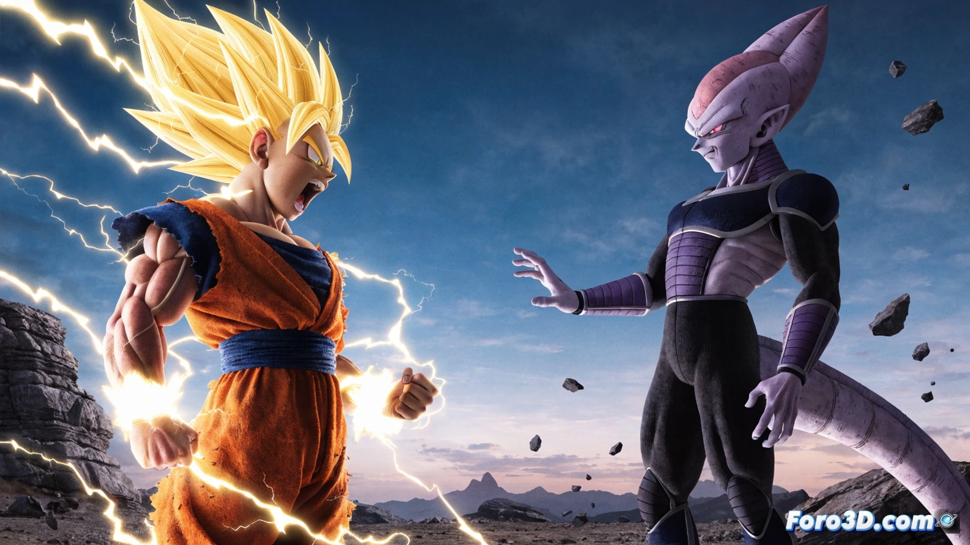 Goku transformándose en Super Saiyajin en Namek, cabello dorado levantándose violentamente mientras el aura eléctrica azul y blanca estalla alrededor de su cuerpo, puños apretados durante el grito de liberación de poder, ondas de choque rompiendo el suelo rocoso del planeta, Freezer retrocediendo con expresión de shock, fragmentos de roca levitando por la presión de ki, estilo cinematográfico épico, iluminación dramática con destellos dorados, texturas detalladas de la armadura de batalla, partículas de energía brillando en el aire, render fotorrealista técnico, composición dinámica de acción