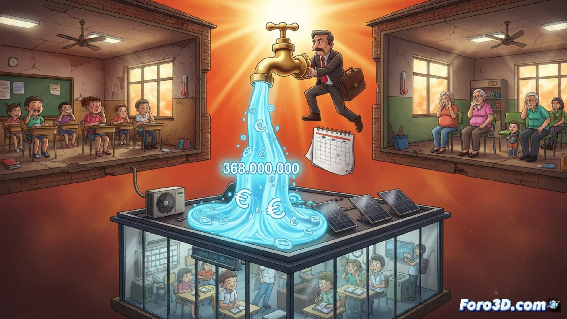 photorealistic technical illustration, neglected school classroom with broken air conditioning unit hanging from ceiling, children sweating at desks under 40-degree heat, sunlight streaming through window illuminating dust particles, technician installing a new split-type air conditioner on wall while holding a multimeter and wiring diagram, exposed copper pipes and refrigerant gauges visible, contrast between old decaying infrastructure and new metallic HVAC equipment, dramatic warm sunlight versus cool blue artificial light from new unit, cinematic architectural visualization, ultra-detailed textures of peeling paint and modern cooling fins, engineering precision in installation process