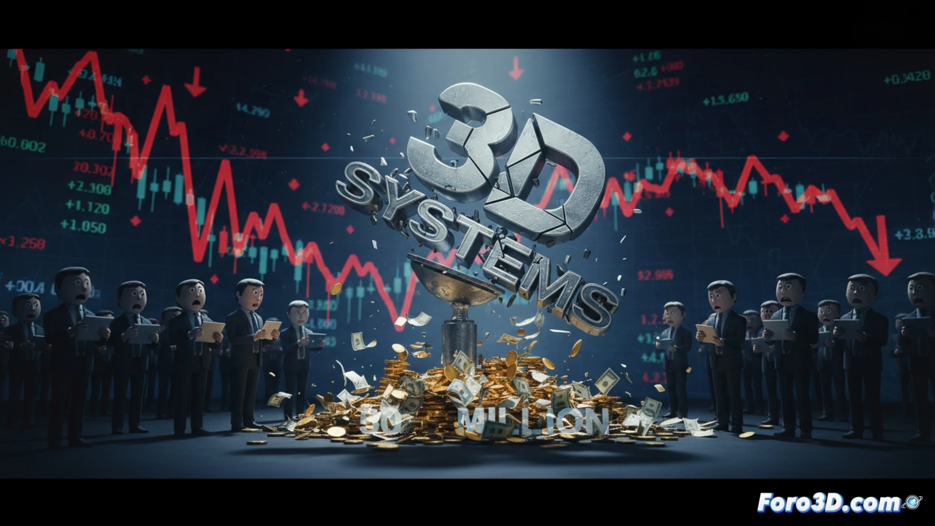 3D printer stock chart displayed on a large monitor, a downward red arrow trending sharply lower, a stack of dollar bills being inserted into a corporate building model, gears and circuit boards surrounding the structure, cinematic financial visualization, dark blue and red lighting, glowing stock ticker symbols, metallic architectural details, photorealistic technical render, dramatic shadows, precision engineering aesthetic
