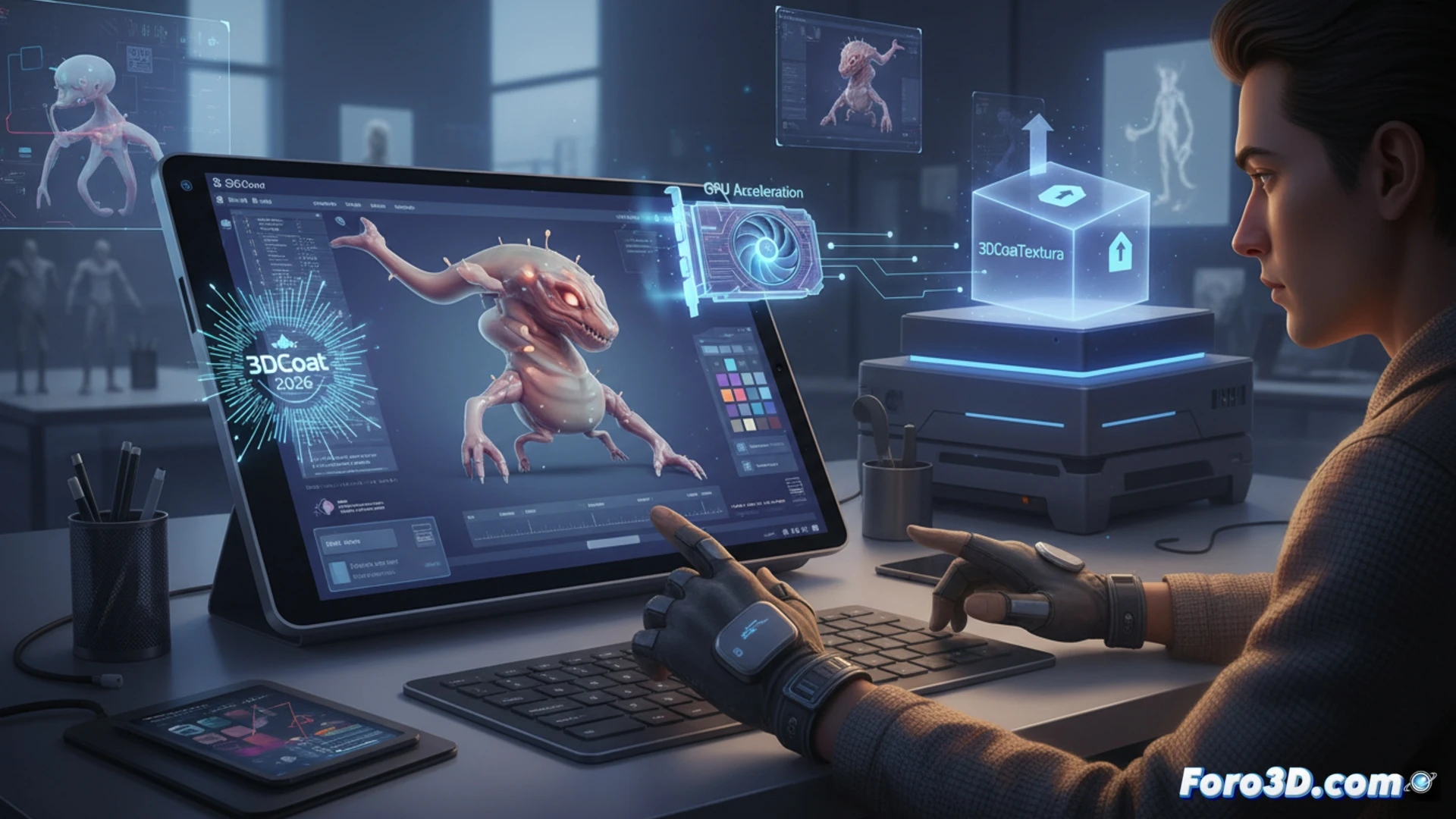 3D character model being textured in real-time on a high-end workstation, GPU chip glowing inside a transparent computer case while brush strokes apply metallic material to a sci-fi armor surface, speed lines and particle effects showing accelerated workflow, split screen showing old CPU-based process lagging versus new GPU-based process completing instantly, cinematic technical illustration, blue and orange lighting contrasting old and new systems, wireframe overlay on model, photorealistic render, dramatic industrial atmosphere