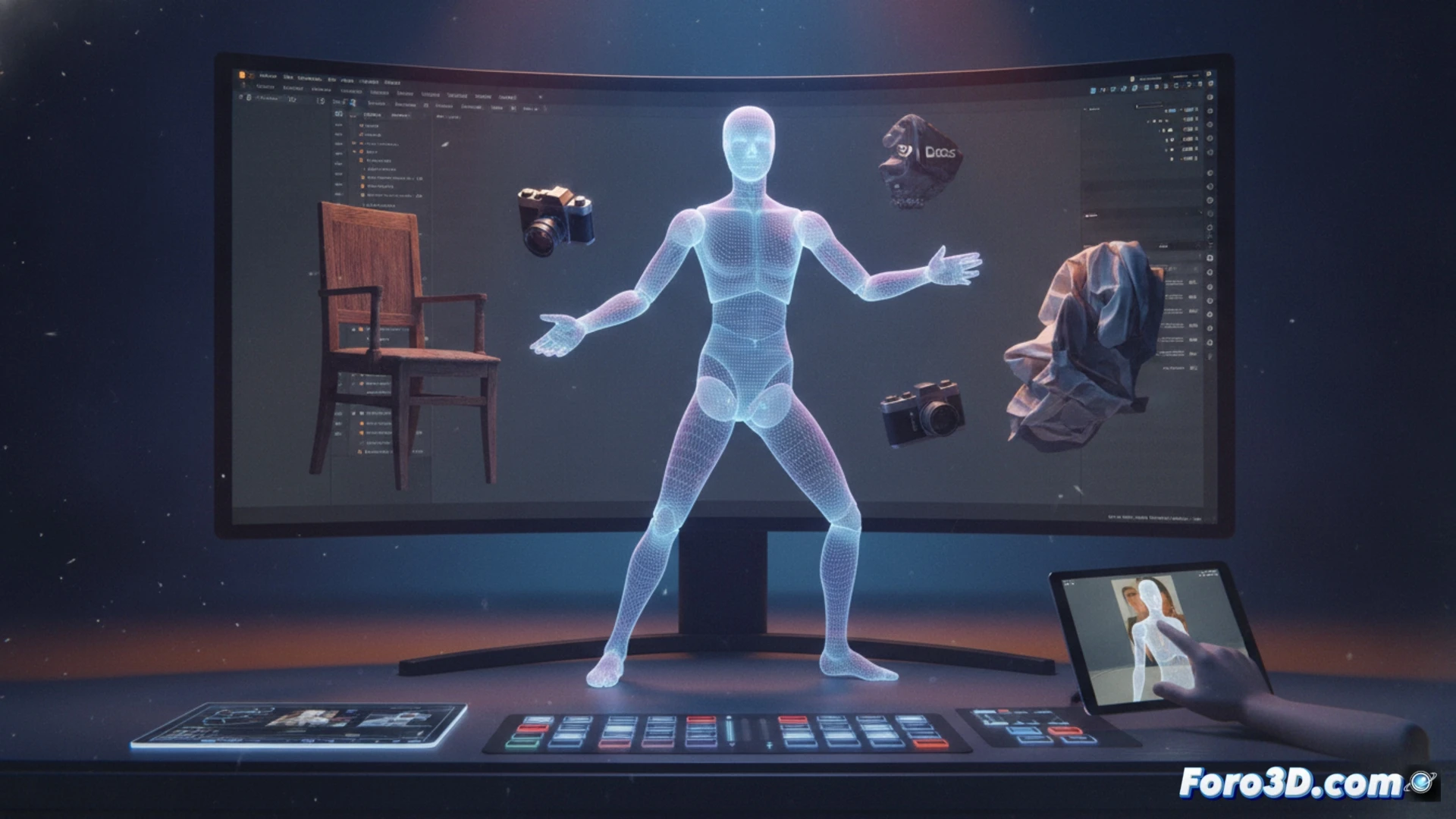 3D scanned office chair transforming into a running humanoid figure inside Blender viewport, wireframe muñeco guide overlaying the chair legs and armrests, skeletal rigging lines pulling foam cushions and metal base into walking pose, photorealistic technical illustration, Blender interface visible with texture nodes and timeline, chairs fabric stretching realistically as joints bend, glowing blue guide skeleton showing motion path, dramatic studio lighting on scanned real-world objects, detailed plastic armrests and casters lifting off ground, cinematic animation workflow demonstration