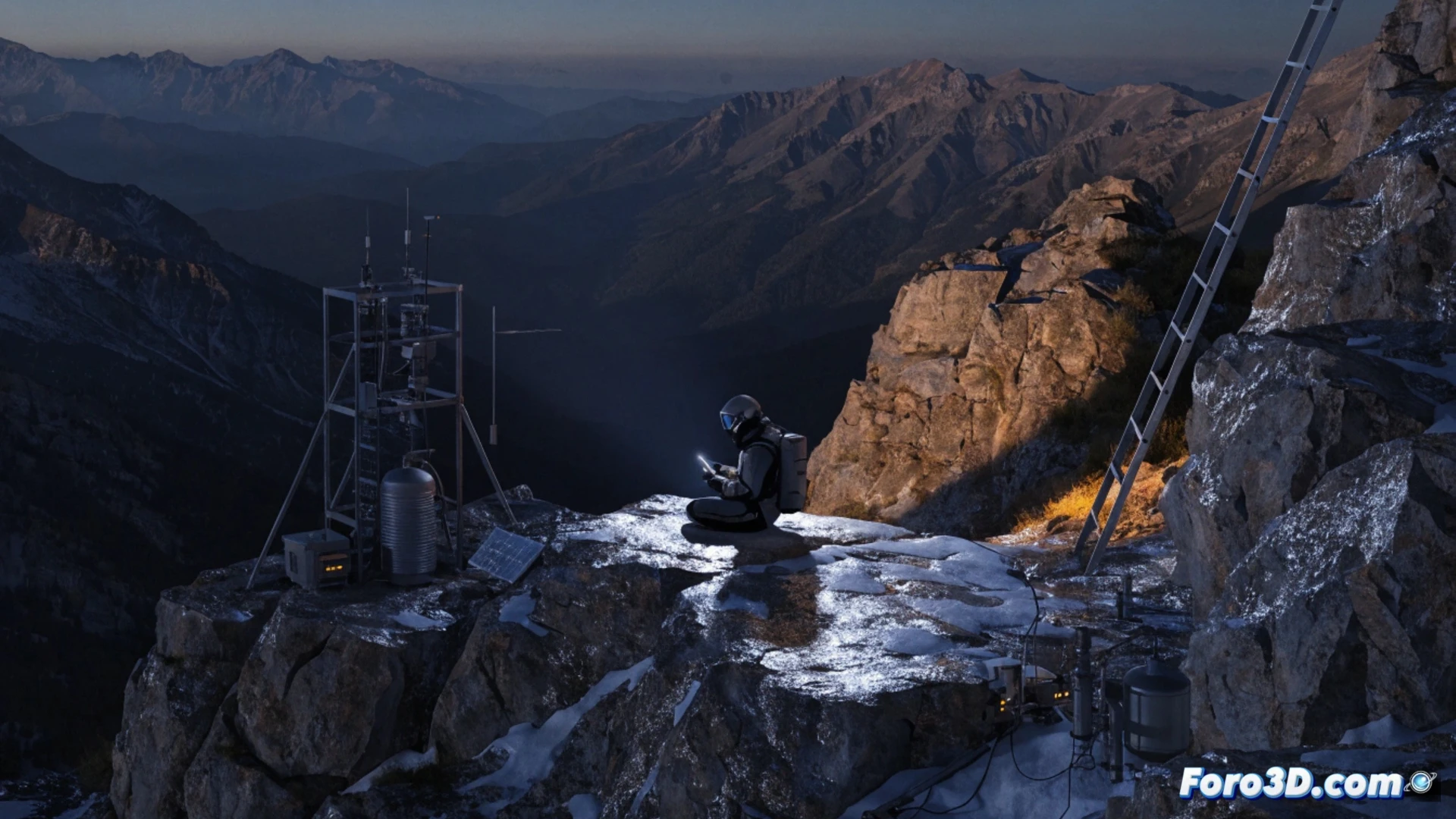 Montaña rocosa a 2300 metros de altitud, tienda de campaña desgastada junto a instrumentos meteorológicos oxidados, figura solitaria con portátil roto y cables pelados reparando un sensor durante ventisca, fondo de pico nevado y cielo tormentoso, estilo cinematográfico fotorrealista, iluminación dramática gris azulada, texturas ásperas de equipo barato, atmósfera de aislamiento y precariedad técnica, plano general mostrando la escala humana frente al paisaje hostil, ultra detallado render de ingeniería.