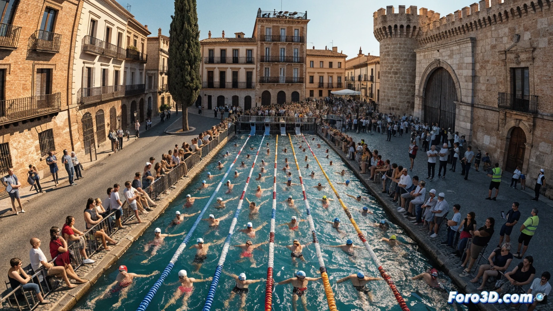 Vista aérea de una piscina olímpica repleta de 400 nadadores en acción simultánea, brazadas sincronizadas levantando salpicaduras brillantes bajo el sol, cronómetros digitales en la orilla mostrando tiempos, bordes de carriles con banderines de colores, público animando desde gradas metálicas, alcalde en una tarima observando, estilo cinematográfico fotorrealista, iluminación natural de mediodía, reflejos en el agua, multitud vibrante, sensación de velocidad y esfuerzo deportivo comunitario.