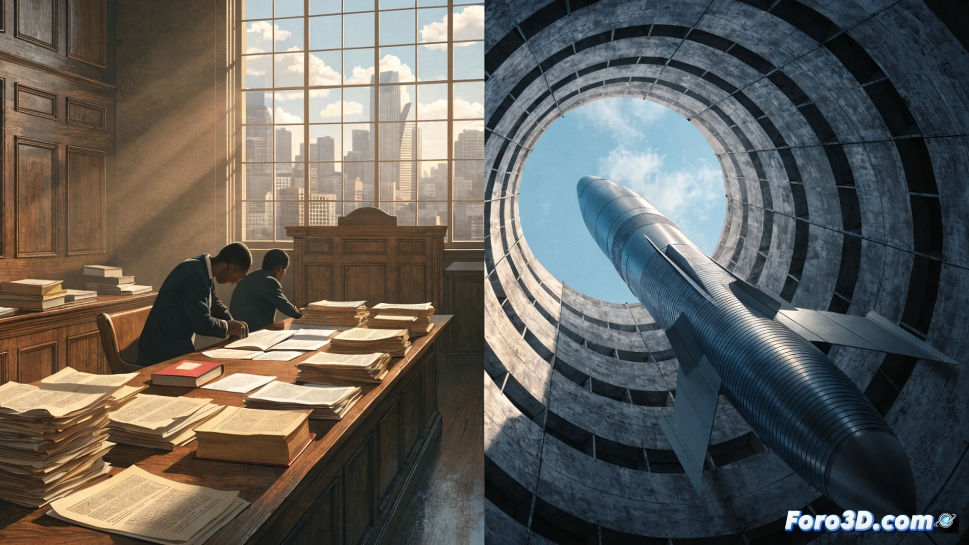 Aging courtroom computer monitor displaying a loading wheel of justice, cracked screen showing frozen digital gavel icon, piles of dusty case files stacked on broken office chair, a leaking hourglass dripping sand onto a disconnected keyboard, dramatic chiaroscuro lighting from a single flickering fluorescent tube, photorealistic technical illustration, ultra-detailed dust particles suspended in air, worn-out legal code books with torn spines, shadows stretching across peeling linoleum floor, cinematic wide-angle shot