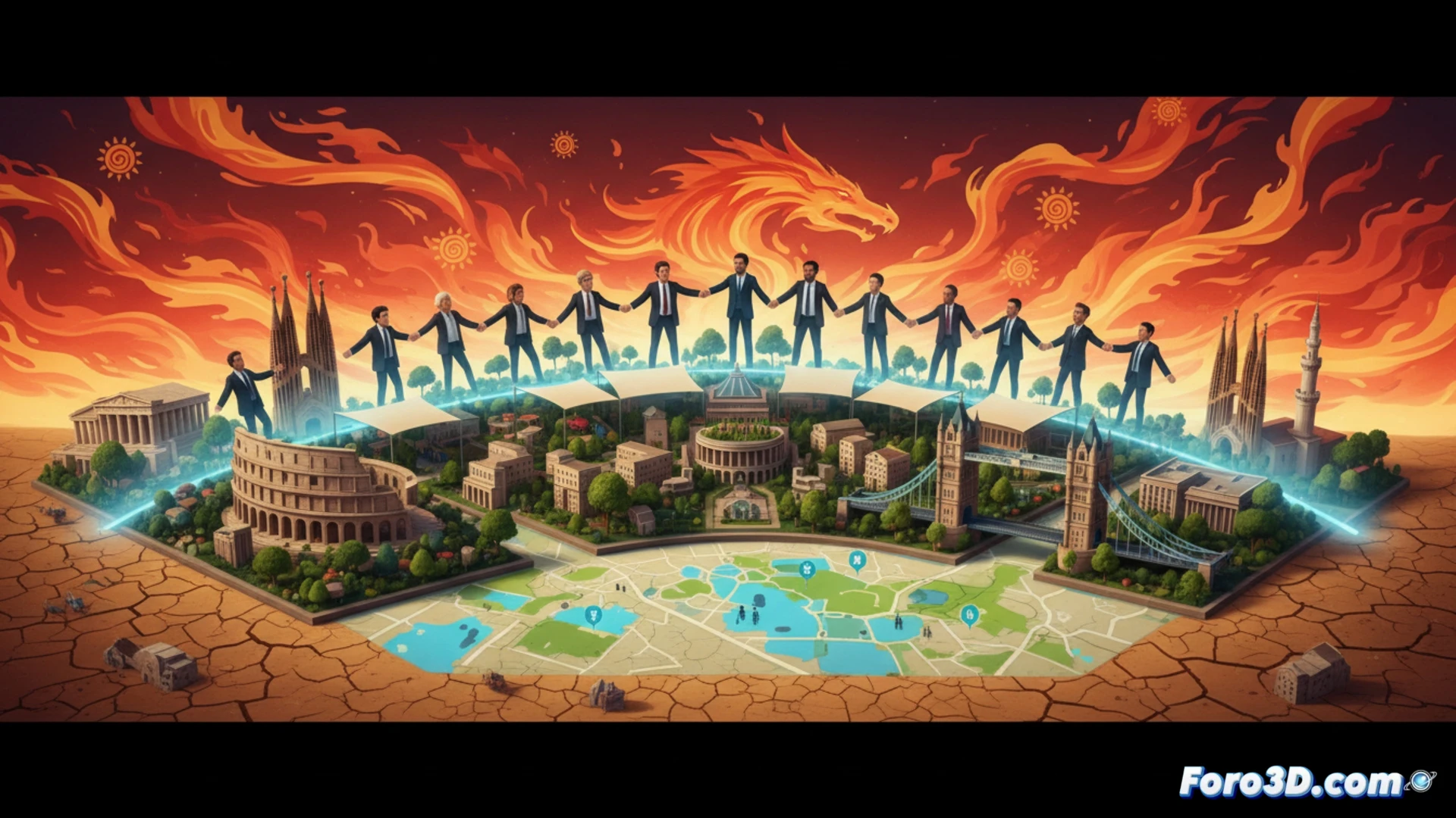 Photorealistic technical illustration of a European city plaza during extreme heat, city planners using digital tablets and thermal mapping software on site, red-orange heat zones overlaid on cobblestone streets, workers installing modular shade structures and green planters, elderly residents resting under a new canopy, Mediterranean architecture in background, heatwave haze distorting distant buildings, cinematic lighting with harsh midday sun, ultra-detailed urban textures, engineering visualization style, action of mapping and cooling installation in progress