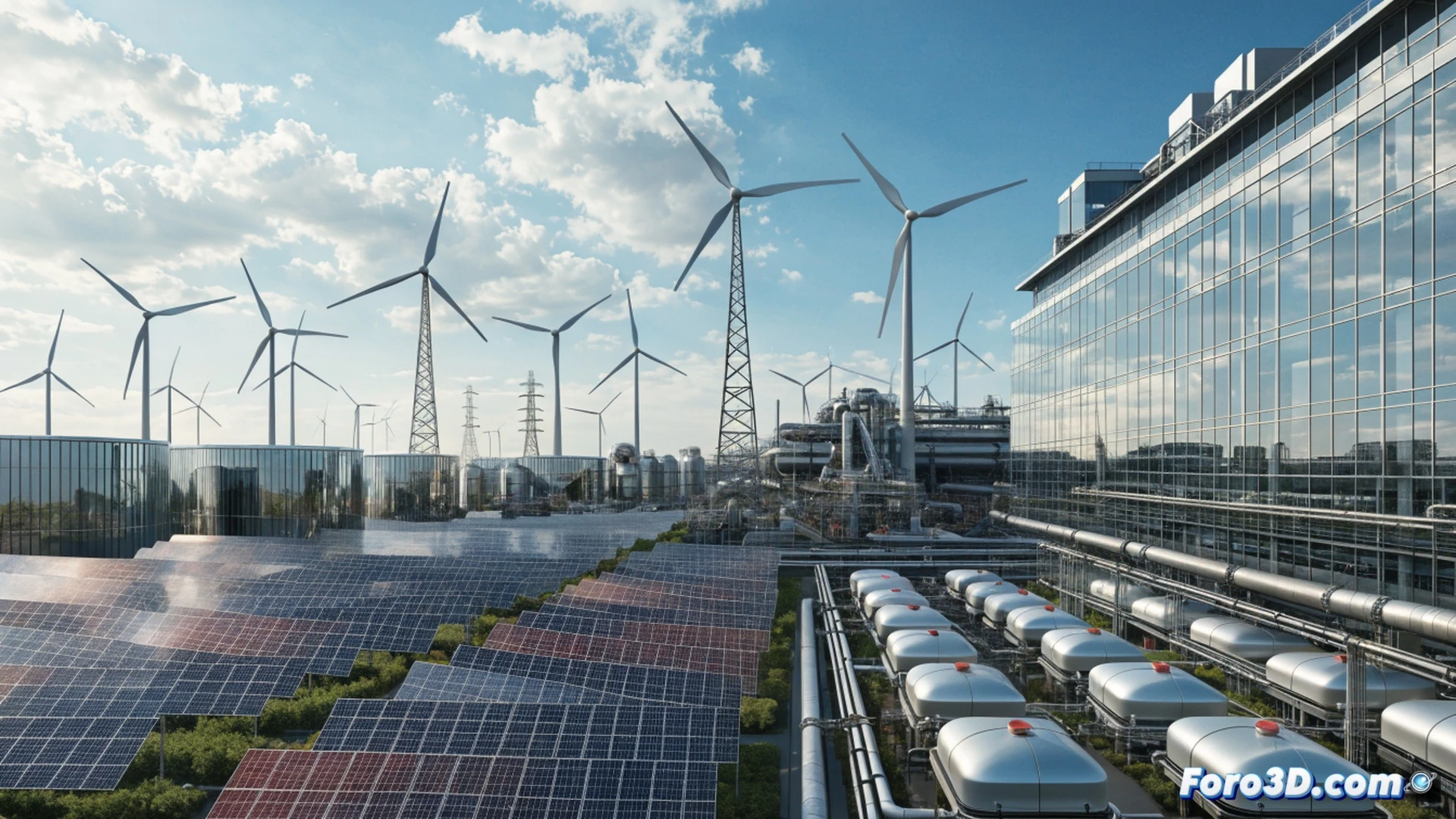 industrial smokestack emitting clean transparent vapor instead of black smoke, solar panels on factory roof, workers in hard hats installing green filtration system, pipes and metallic ducts connecting to purification unit, glowing air quality monitor showing green data, photorealistic technical illustration, bright daylight with soft shadows, modern sustainable factory architecture, steam rising gently from cooling towers, blue sky with white clouds, cinematic wide-angle shot, detailed mechanical components, valves and gauges visible on filtration equipment, clean metallic surfaces reflecting sunlight, environmental engineering visualization