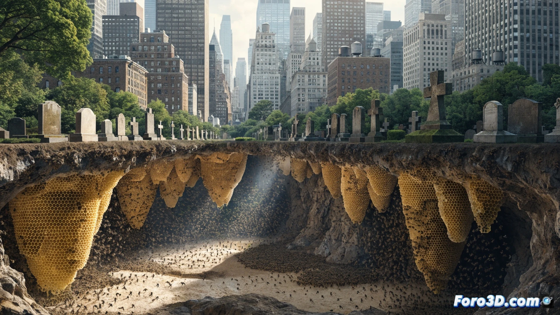 Aerial view of a dense urban cemetery, asphalt road slicing through gravestones, a massive cross-section cutaway reveals an underground hive with 5.5 million bees swarming around glowing hexagonal honeycomb structures, root systems penetrating the soil layer, pollen particles drifting upward toward flowering trees, cinematic photorealistic engineering visualization, dramatic sunlight breaking through clouds, golden hour lighting, hyper-detailed insect anatomy, organic textures mixed with urban infrastructure, demonstrating hidden biodiversity beneath city surfaces