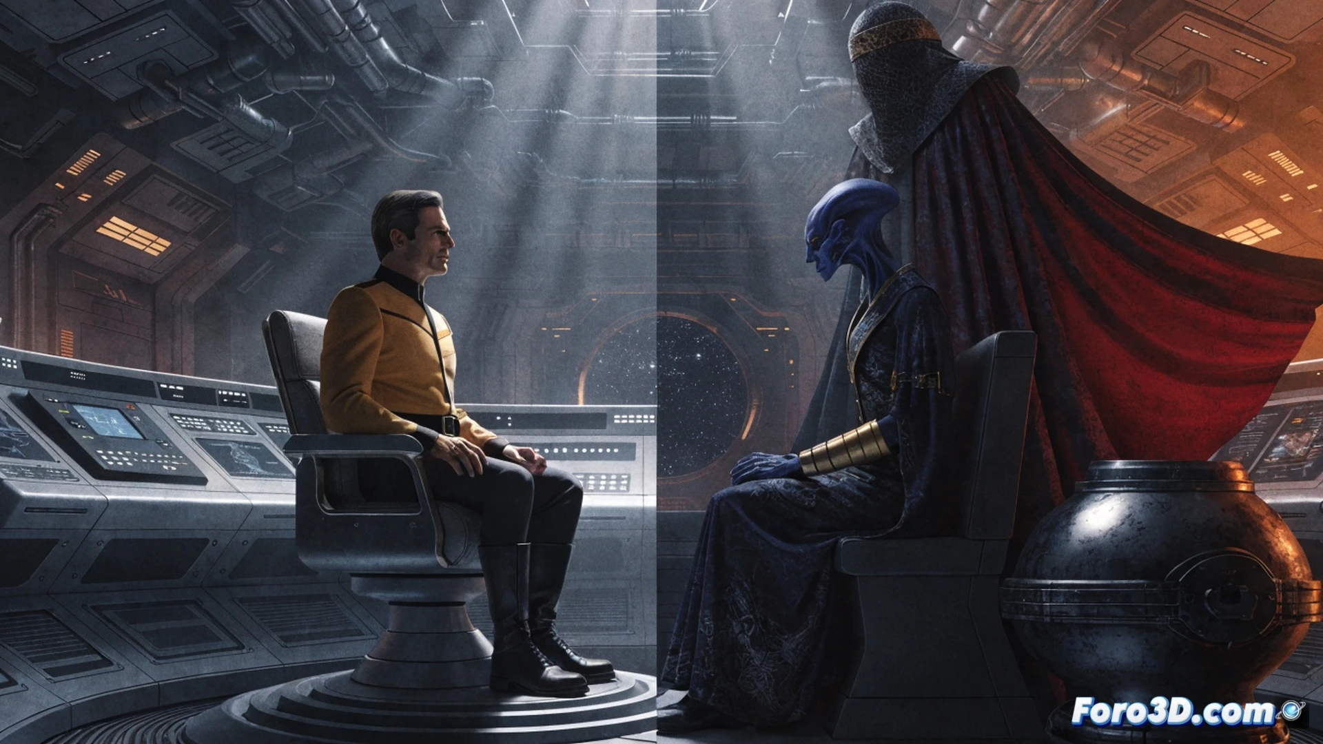 Capitán Kirk en el puente del Enterprise, sentado en la silla de mando, mostrando un gesto calmado mientras su mano se extiende hacia la pantalla táctil del panel de navegación, hologramas de rutas estelares verdes y azules flotando sobre la consola, luces de advertencia ámbar suaves indicando sistemas de defensa desactivados, durante una negociación diplomática con una figura alienígena proyectada en la pantalla principal, reflejos metálicos en el uniforme, estilo cinematográfico fotorrealista, iluminación dramática de alto contraste, texturas detalladas de botones y palancas, ambiente de ciencia ficción técnica.