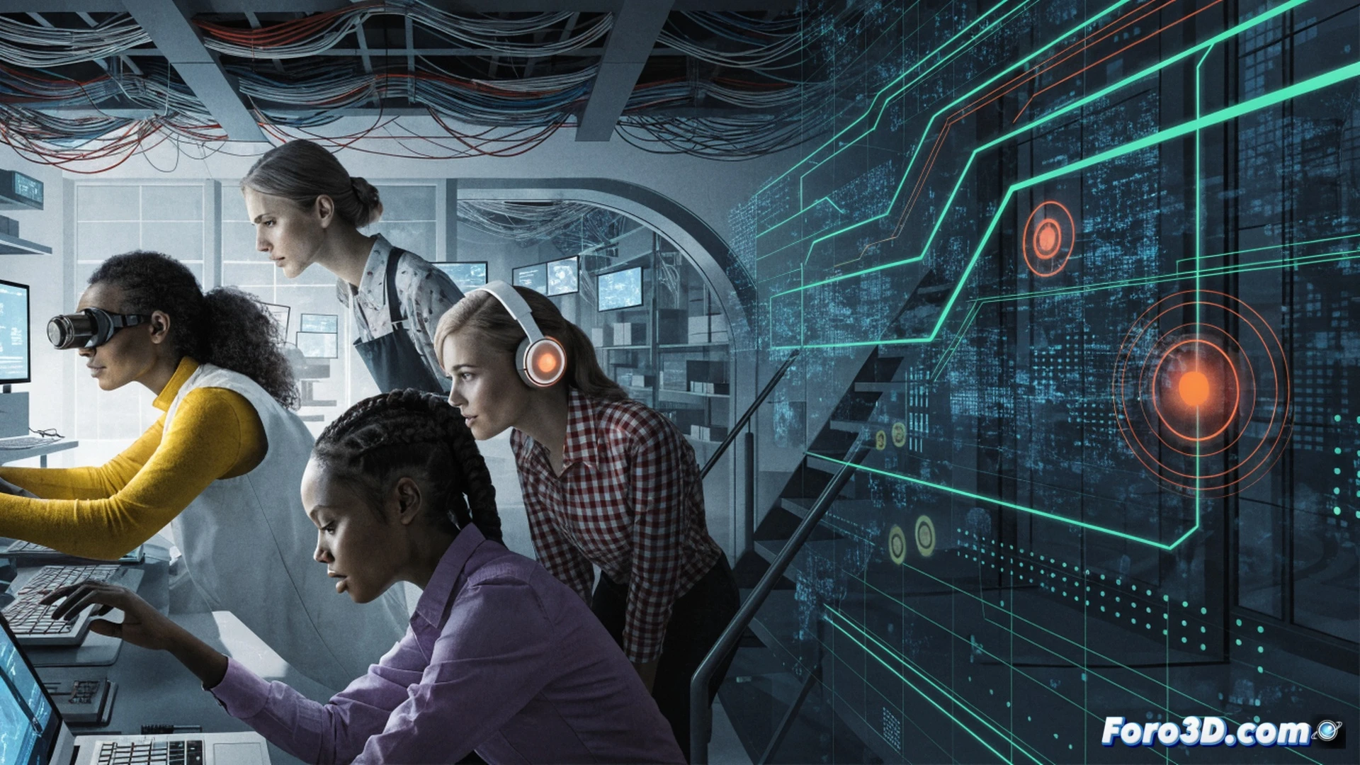 Diverse group of women with visible disabilities collaborating around a large interactive digital screen, one woman using a wheelchair pointing at a 3D modeling software interface, another with a prosthetic arm typing on a sleek laptop, augmented reality headsets on a nearby table, modern classroom with ergonomic furniture, bright natural light from floor-to-ceiling windows, cinematic photorealistic style, warm inclusive atmosphere, detailed facial expressions showing focus and engagement, technical equipment like tablets and coding monitors visible, clean minimalist interior design