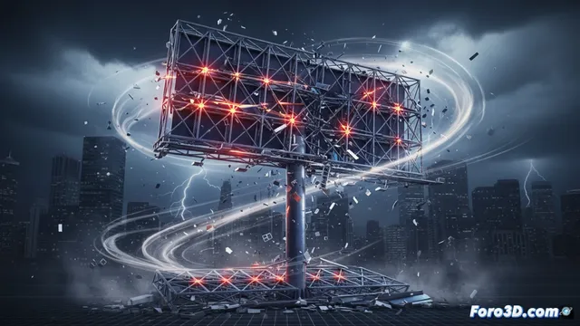 Reconstrucción 3D del colapso de cartel por ráfagas de viento extremas