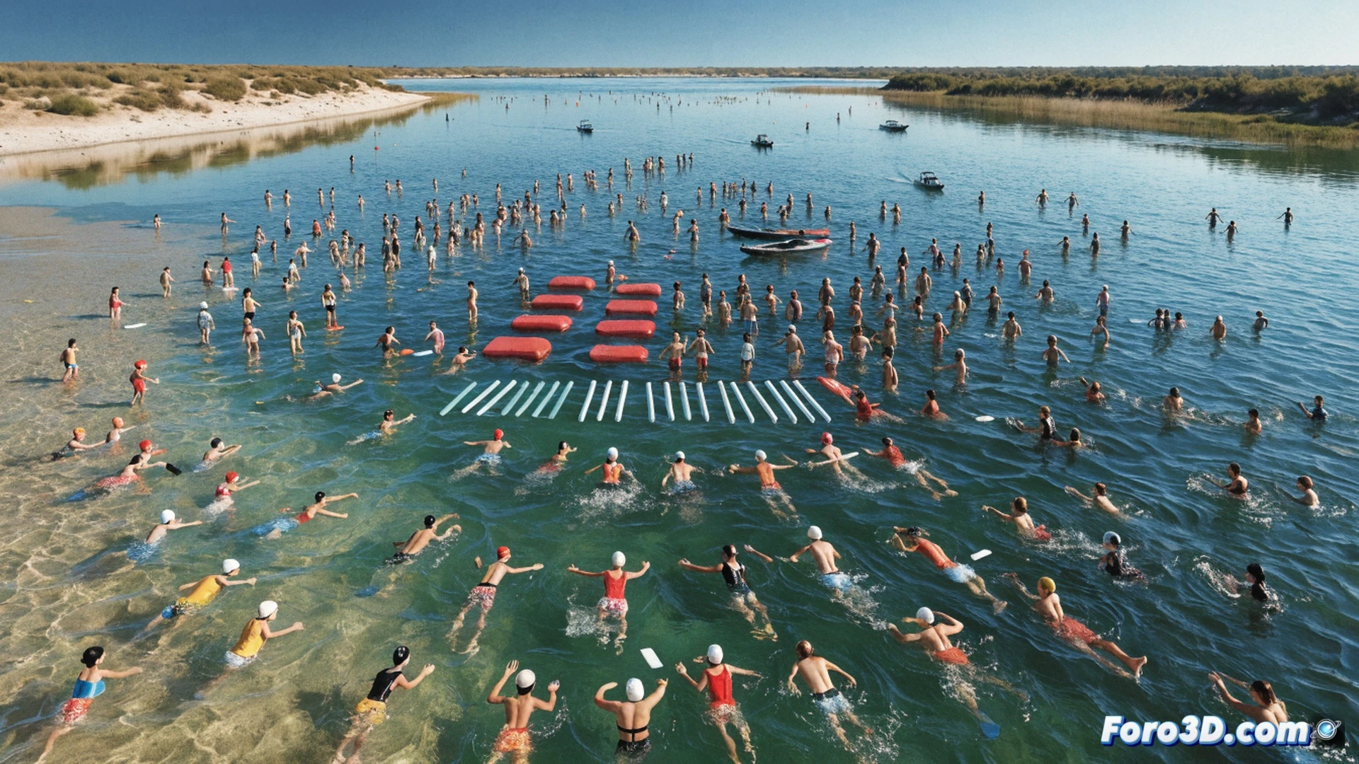700 escolares saltando y nadando en una piscina municipal al aire libre, brazadas sincronizadas y salpicaduras de agua bajo el sol brillante, niños con gorros de baño y gafas de natación en carriles delimitados por flotadores rojos y blancos, monitores deportivos con silbatos y cronómetros en los bordes supervisando la actividad, gradas con familias animando desde la distancia, fondo con edificios escolares y árboles verdes, estilo cinematic photorealistic, luz natural vibrante, acción dinámica de cuerpos en movimiento, agua cristalina con reflejos dorados, alta definición técnica, composición amplia mostrando el bullicio acuático y la energía juvenil