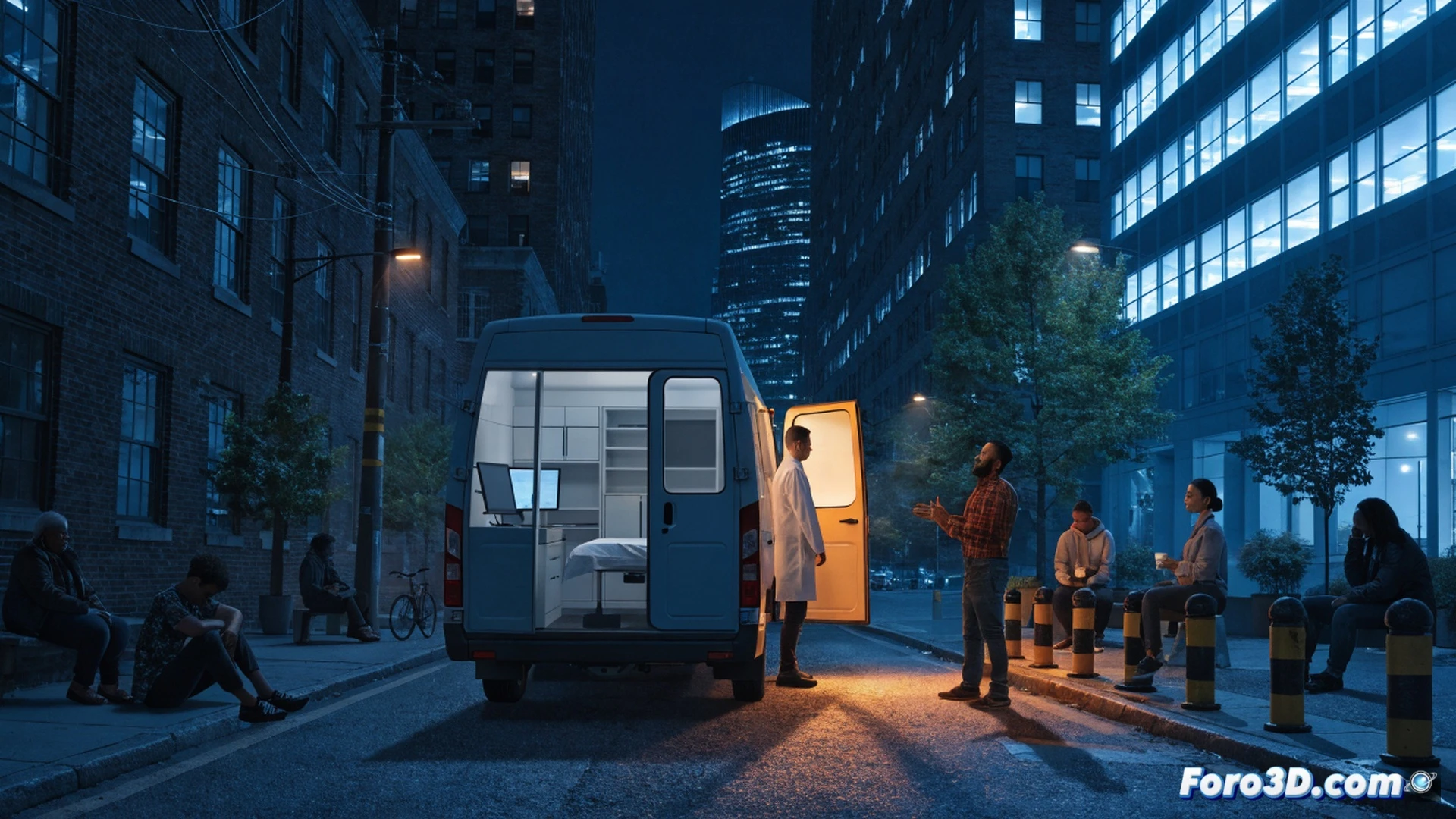 mental health outreach team in urban street setting, two clinicians in blue vests sitting on sidewalk next to a homeless person, one holding a tablet showing crisis hotline interface, the other demonstrating a medication blister pack, a mobile clinic van parked in background with satellite antenna, street lamps casting warm light, realistic urban textures, graffiti on brick wall, concrete pavement, cinematic photorealistic style, shallow depth of field, documentary lighting, compassionate action during intervention, technical gear visible on belts, emergency response bags on ground, dramatic dusk atmosphere