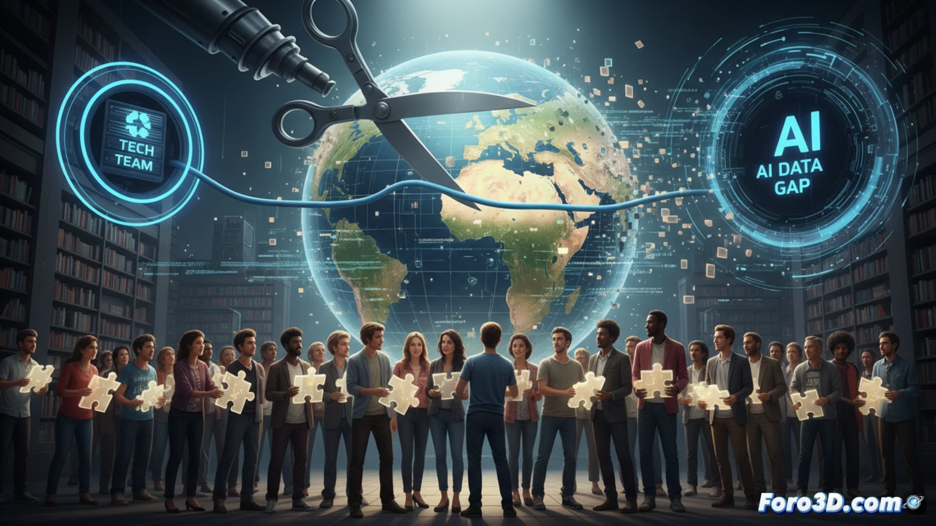 Technical illustration of Wikipedia editors working on server racks, maintenance tools floating in holographic displays, code lines flickering as a warning sign appears on monitors, volunteer hands hovering over keyboards ready to stop, glowing red emergency indicators on hardware, cinematic engineering visualization, dark data center atmosphere, blue and orange ambient light, photorealistic technical render
