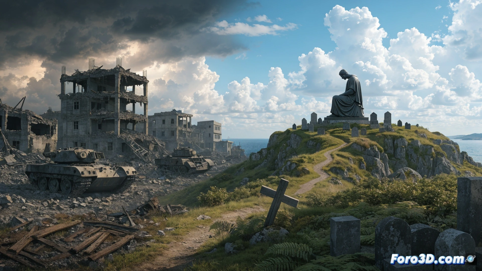 photorealistic war memorial scene at Okinawa cliffs, elderly Japanese woman placing white flowers on stone monument, ocean waves crashing against rocky shore in background, rusted military helmet half-buried in sand near her feet, torn family photograph edges fluttering in wind, dramatic overcast sky with beams of sunlight breaking through clouds, cinematic lighting emphasizing textures of weathered stone and aged hands, ultra-detailed environmental render, emotional gravity in composition, no text or numbers visible