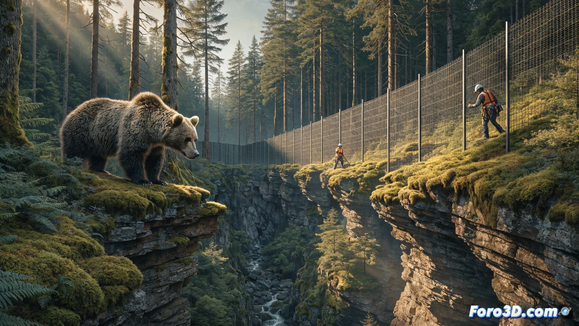 forest edge at dusk, a black bear standing on its hind legs beside a half-built suburban fence, human construction debris scattered on the ground, a surveyor’s tripod and rolled blueprints abandoned nearby, the bear sniffing a broken section of chain-link fence, background showing clear-cut tree stumps and bulldozer tracks, cinematic photorealistic style, warm golden hour light contrasting with cold industrial metal, mist rising from deforested land, hyper-detailed fur and rusted wire textures, wide-angle lens emphasizing spatial conflict, dramatic chiaroscuro shadows, technical illustration of human-wildlife boundary failure