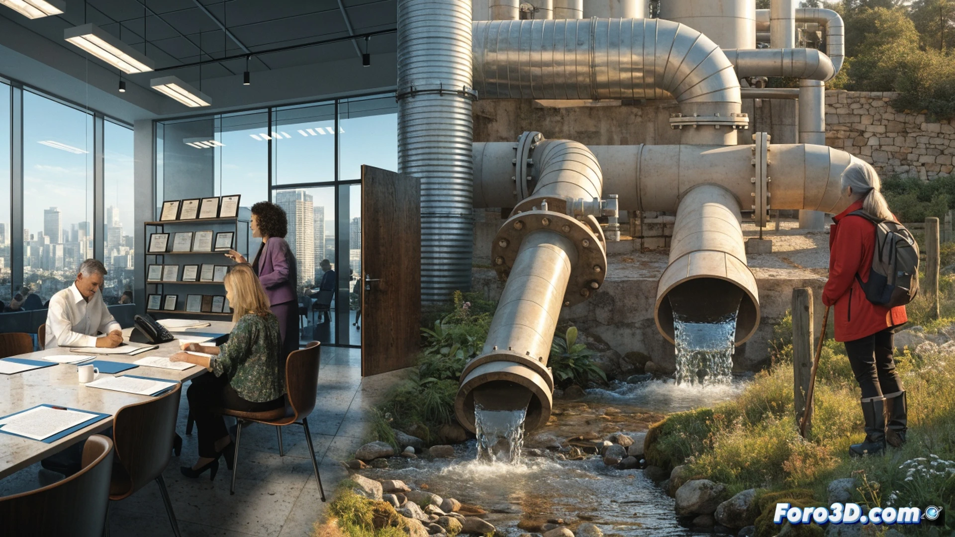 A Lama municipal wastewater treatment plant upgrade, engineers inspecting an open concrete tank with rusty pipes and green algae, a technical blueprint displayed on a tablet showing filtration system redesign, workers in orange vests pointing at a clogged sewage outlet while a pipeline map is unrolled nearby, photorealistic engineering visualization, overcast daylight, damp concrete textures, metallic valve wheels, muddy ground, urban infrastructure maintenance scene, detailed industrial environment