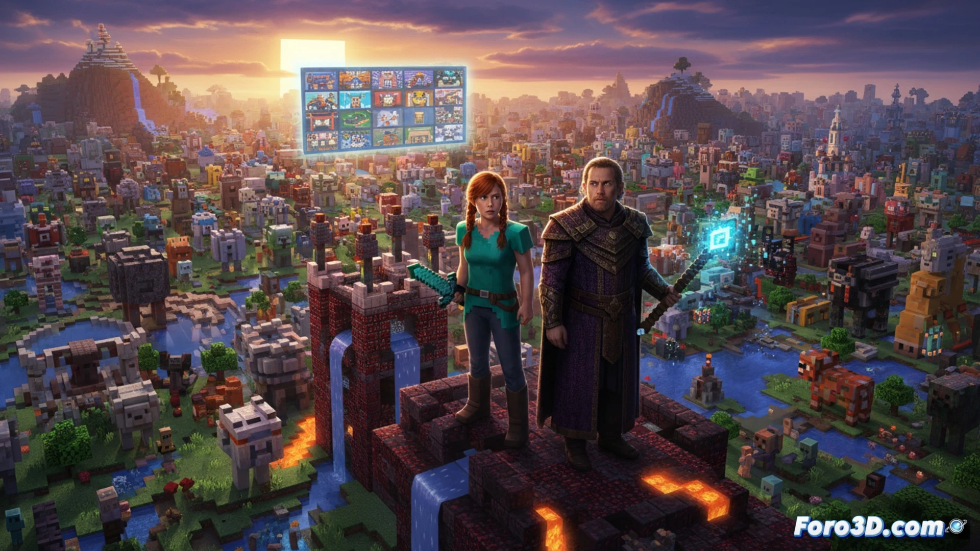 Póster de Minecraft Movie Squared con Alex y un humano misterioso sobre cubos y un concurso de construcciones.