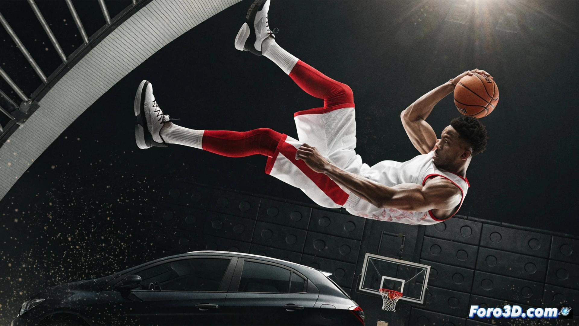 basketball player mid-air performing a reverse dunk, body twisted sideways while clearing a car hood, muscles tensed showing explosive power, high-speed camera capture with motion lines tracing hip rotation and knee drive, biomechanics grid overlay on legs and torso, glowing force vectors from feet to fingertips, engineering visualization style, dark gym background with dramatic spotlight, photorealistic technical render, ultra-detailed muscle fibers and sweat droplets, sports science aesthetic