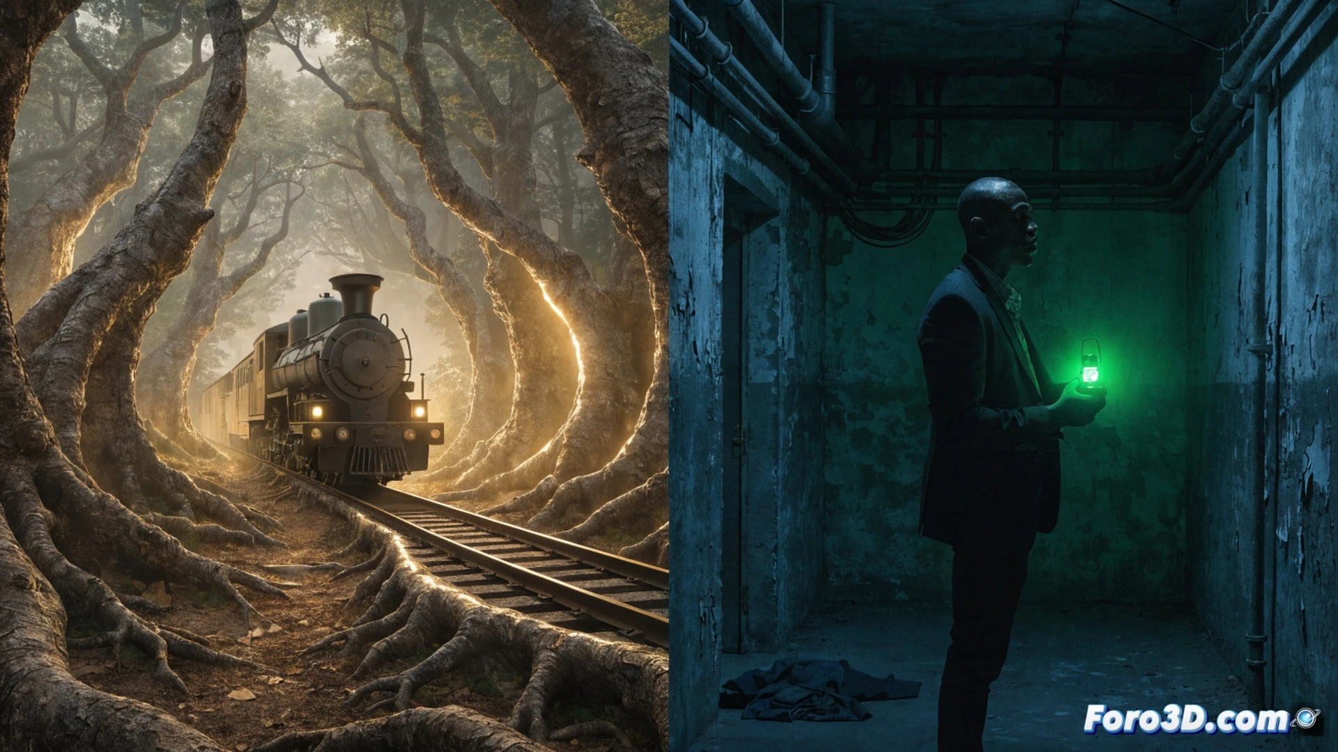 Cinematic split scene showing Aaron Pierre character transition from magical realism to gritty thriller, left side: underground railroad steam engine emerging from dark forest tracks with glowing lanterns casting warm light on iron wheels and wooden ties, right side: futuristic police investigation room with holographic evidence displays and weapon analysis tools, central visual bridge using flowing digital circuit lines connecting both eras, photorealistic technical illustration, dramatic chiaroscuro lighting, steam particles mixing with digital data streams, detailed mechanical components on both sides, high-contrast shadows, industrial textures, ultra-realistic materials, cinematic color grading with amber and cool blue tones