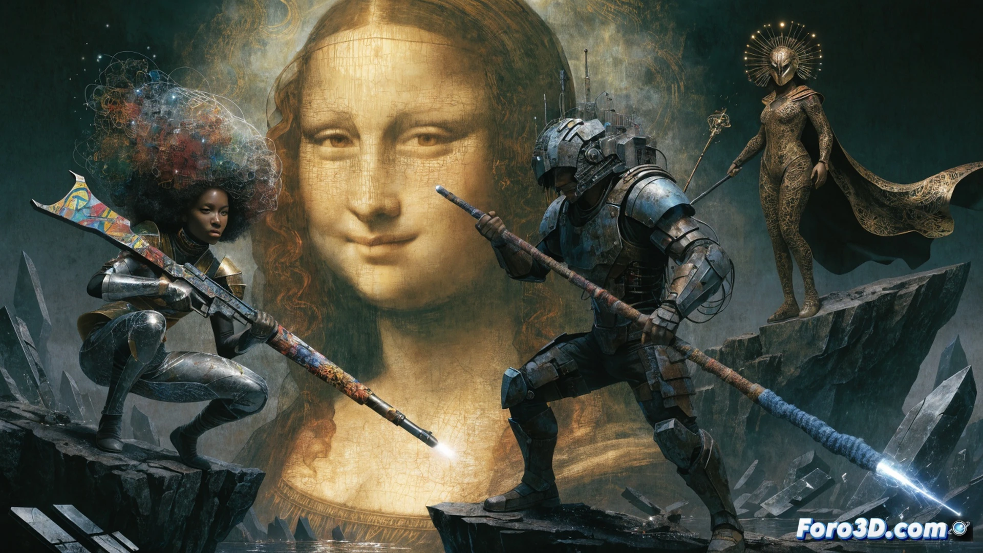 three human artists in a dim studio, each holding a glowing paintbrush or stylus transformed into a weapon, facing a massive holographic AI interface displaying fragmented Mona Lisa pixels, digital chains wrapping around their sketch tablets and styluses, broken canvases on the floor, glowing code lines forming a cage around their heads, cinematic photorealistic style, dramatic contrast between warm artist lamp light and cold blue AI light, ultra-detailed brush textures and circuit board patterns, motion blur on a splattering paint projectile mid-air hitting the AI screen, technical visualization of creativity being blocked by glowing firewall symbols